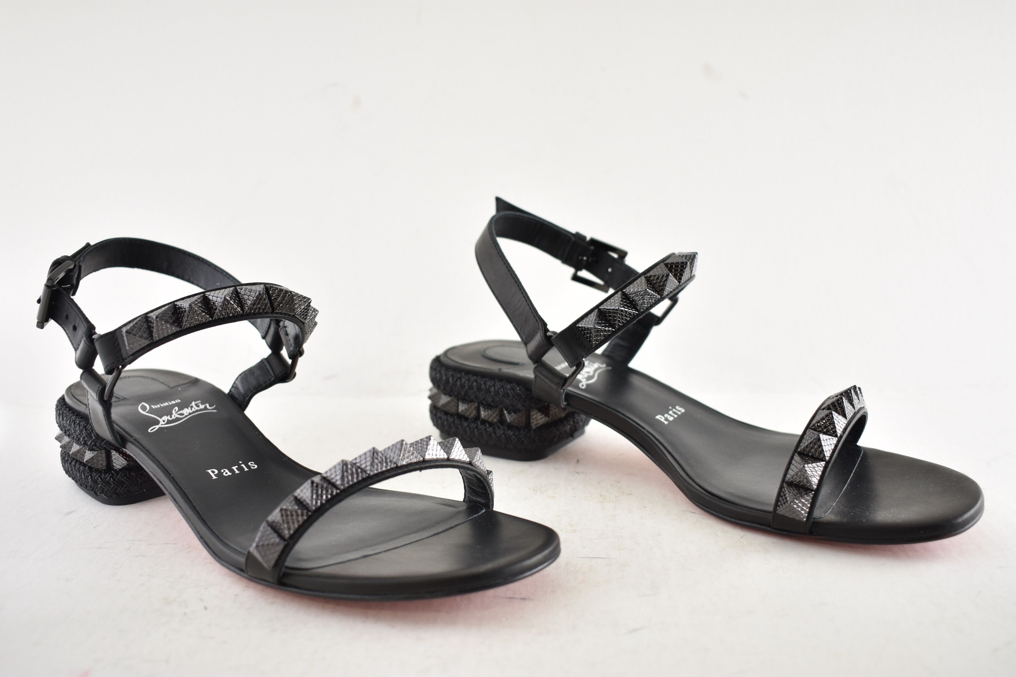 Christian Louboutin Pyrasand 30 Black Leather Block Heel Ankle Strap Sandal 35.5 Size US 5.5 / IT 35.5 - 3 Thumbnail