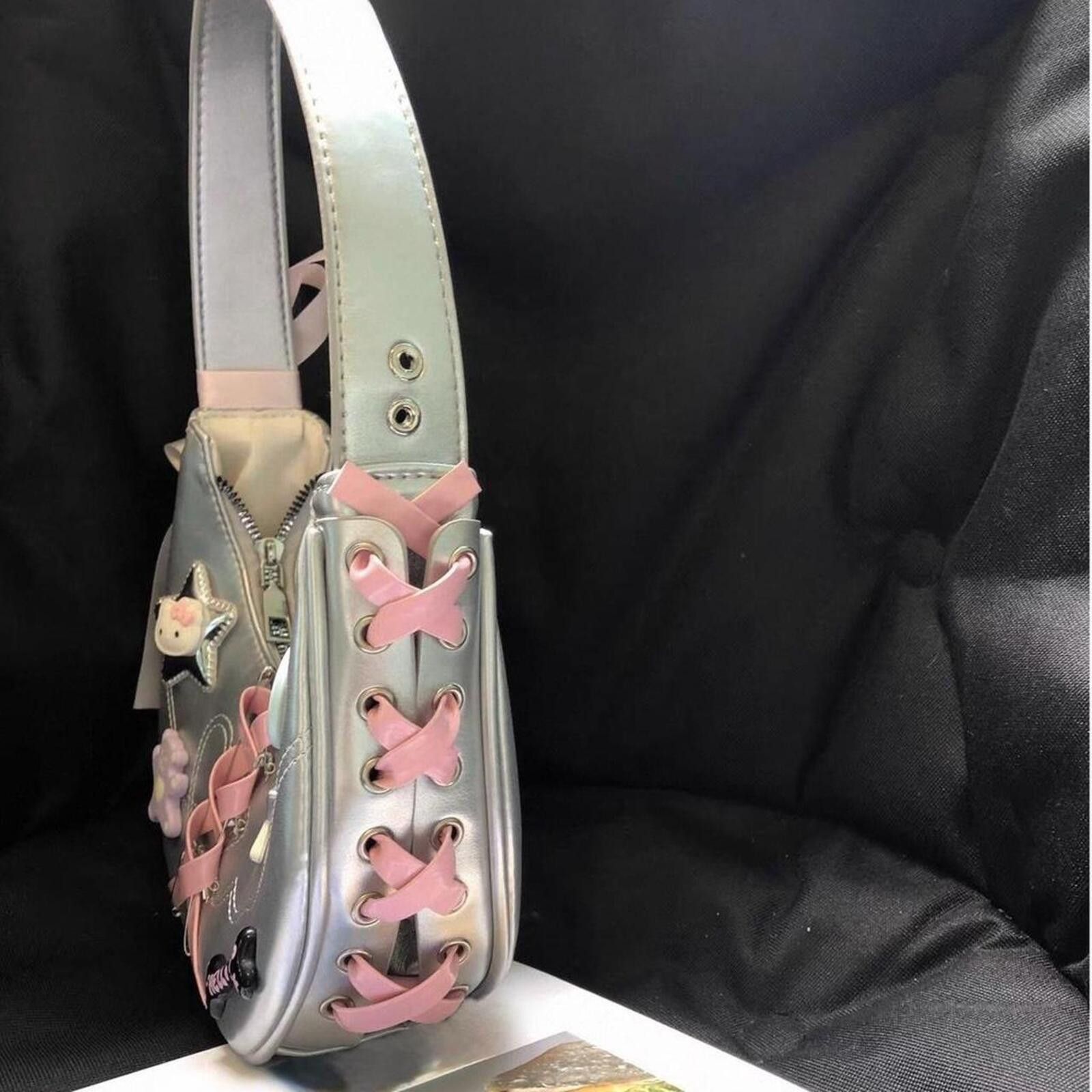 Other Y2K Silver Hobo Bag – Cute Pink Lace‑Up Charm Shoulder Purse Size ONE SIZE - 7 Thumbnail