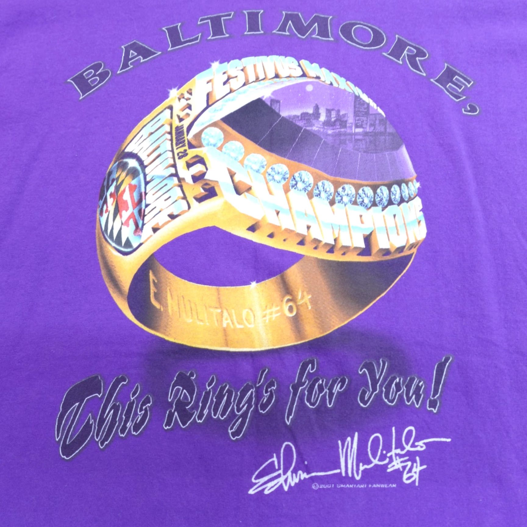Edwin VINTAGE Ravens Shirt 2XL Purple Cotton Crew Neck Short Sleeve Men 2000s Edmond Mulitalo Superbowl Ring 2001 Size US XXL / EU 58 / 5 - 2 Thumbnail