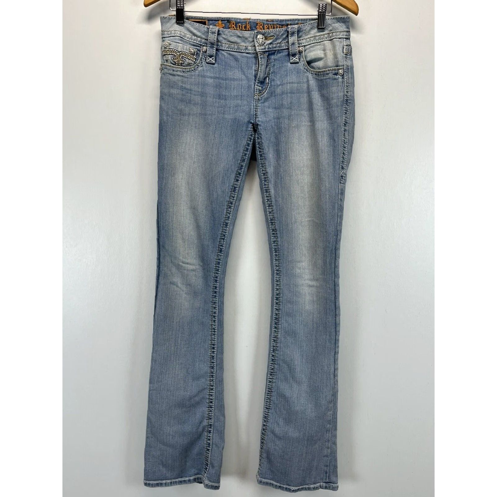 Vintage Rock Revival Bootcut Jeans Womens Low Rise Embroidered Blue Sz 27 Size 27" / US 4 / IT 40 - 2 Thumbnail