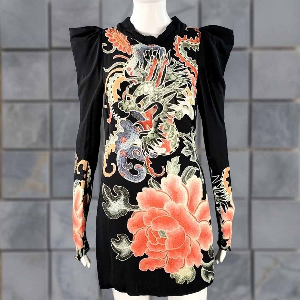 John Richmond JOHN RICHMOND Size S Guereda Black Multi Color Viscose Dragon Cocktail Dress Size S / US 4 / IT 40 - 1 Thumbnail