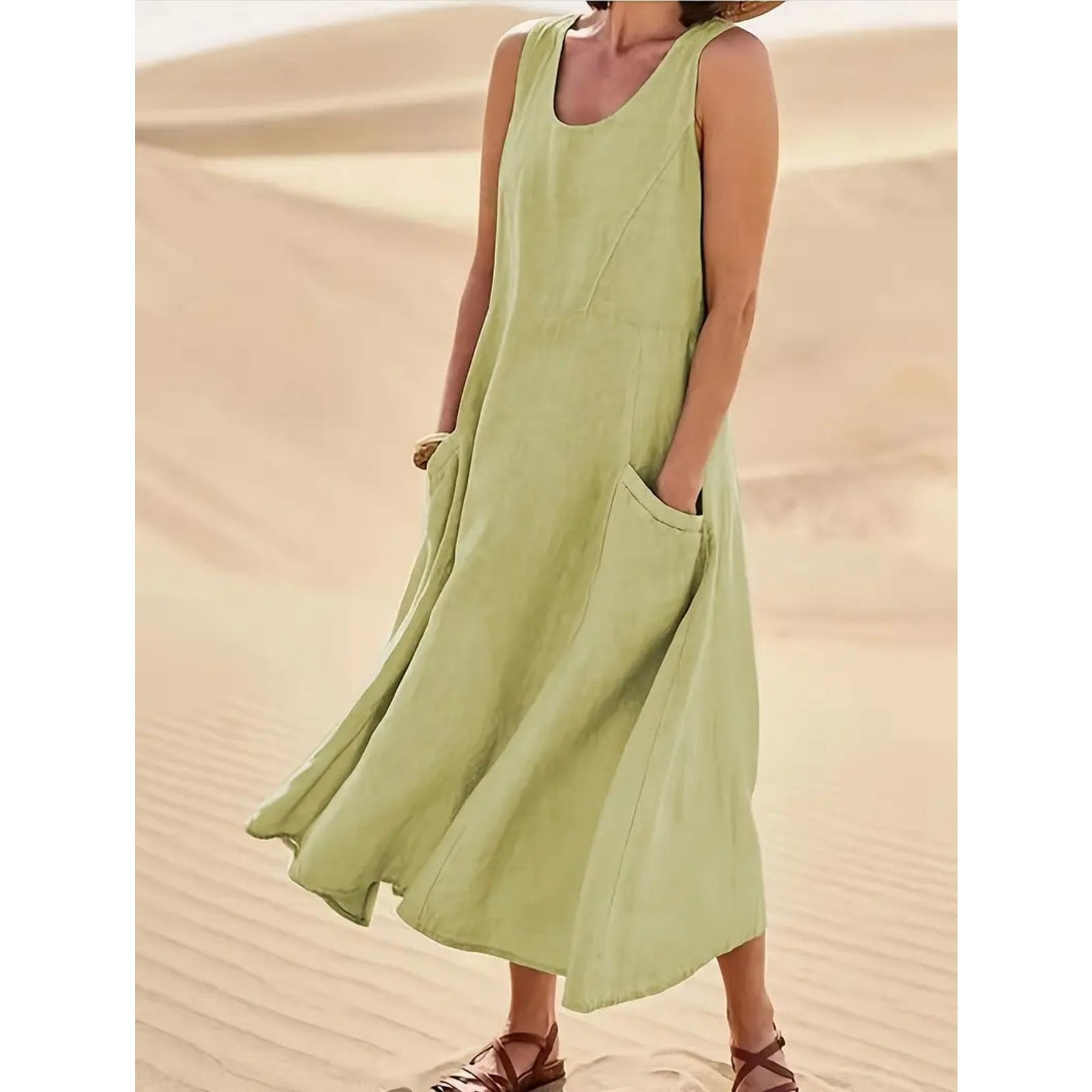 Other Sleeveless 100% Cotton Midi Dress Pockets Light Green 14 Size XL / US 12-14 / IT 48-50 - 3 Thumbnail