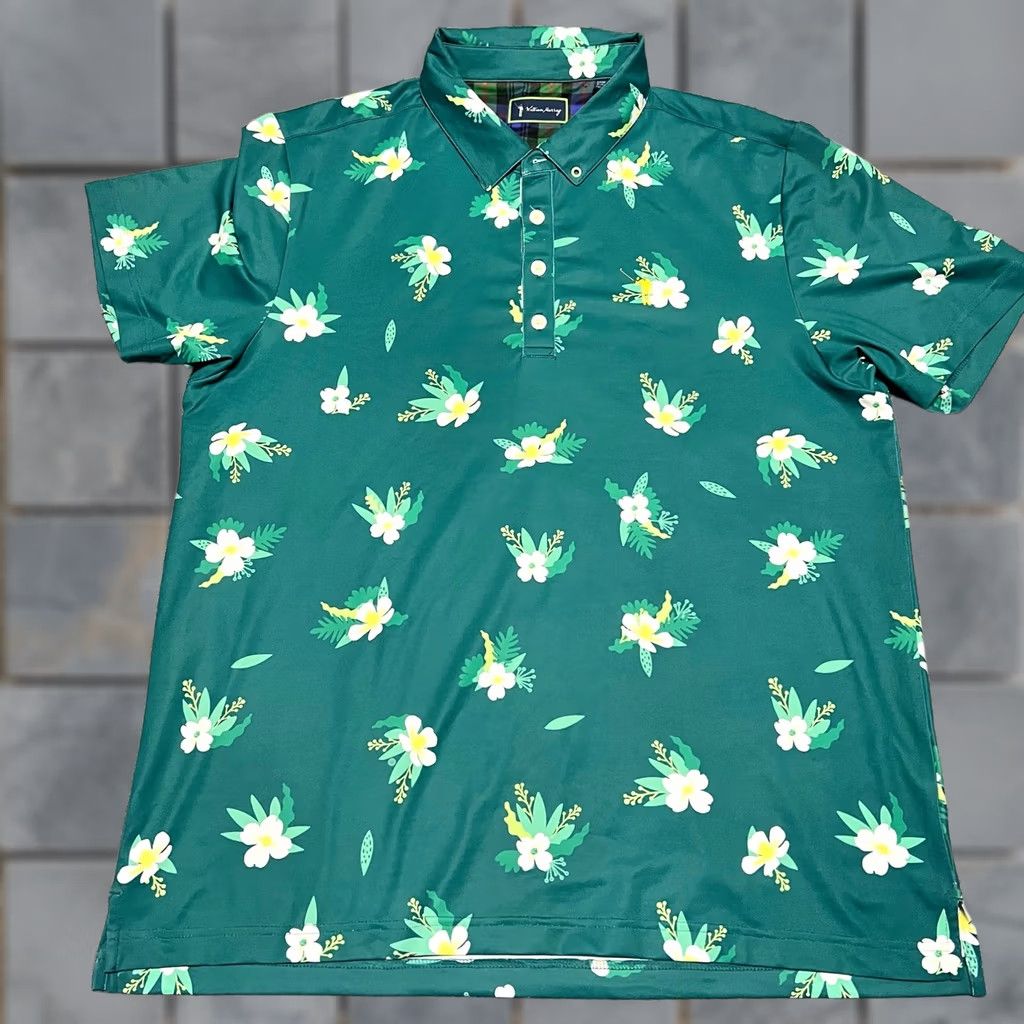 Vintage William Murray Polo Shirt Men Large Green Performance Golf Floral All Over Print Size US L / EU 52-54 / 3 - 1 Thumbnail