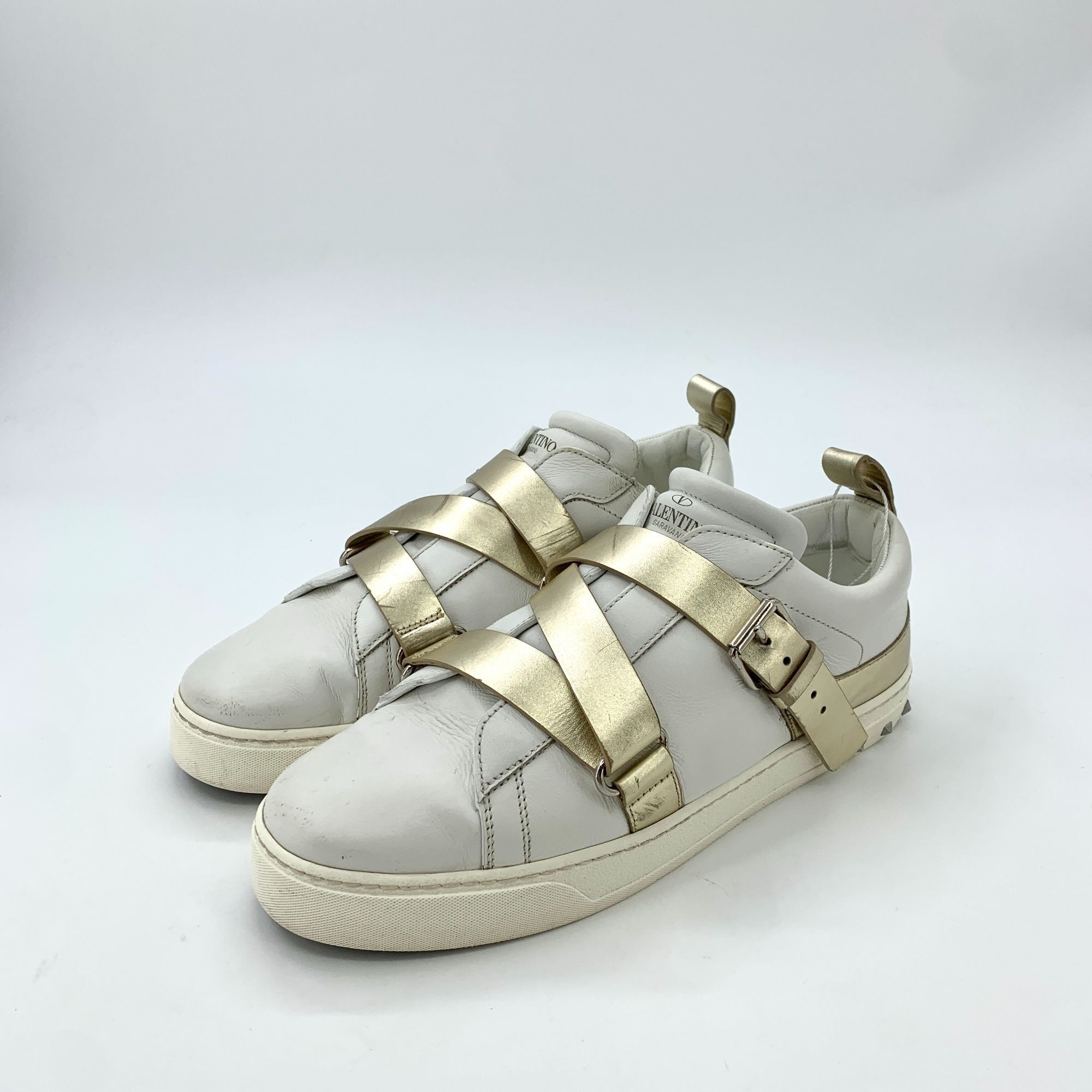Valentino Valentino White & Gold Leather Studded Strap Sneakers Size US 7 / IT 37 - 1 Thumbnail