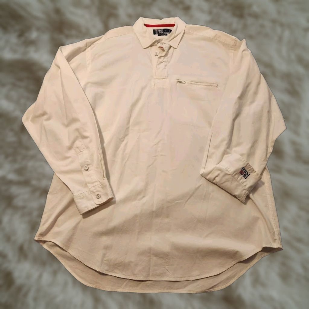 Polo Ralph Lauren VINTAGE Polo Ralph Lauren Rugby Polo White Shirt XL Men Long Sleeve Cotton with Pockets US Polo Sailing Heavy Cotton Size US XL / EU 56 / 4 - 1 Thumbnail
