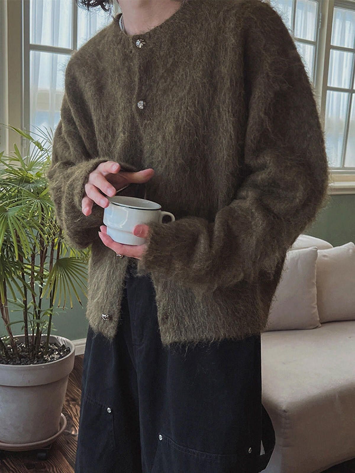 Vintage Brown Fuzzy Button-Up Cardigan, Cozy Knit Sweater Size US M / EU 48-50 / 2 - 1 Thumbnail