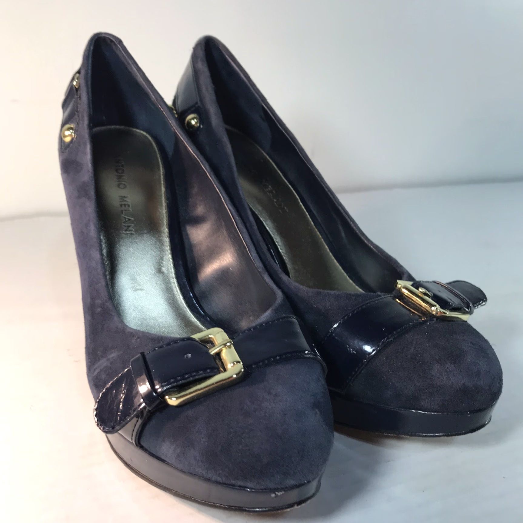 Vintage Antonio Melani Women's Blue Suede Platform Heels 4in Stiletto Leather Italy Size 8M Size US 8 / IT 38 - 2 Thumbnail