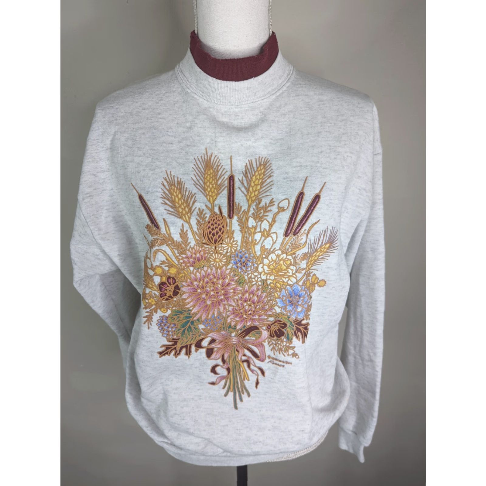 Vintage VINTAGE 80s Womens Gray Floral Print Turtle Neck Sweatshirt Sweater Flower PM Size M / US 6-8 / IT 42-44 - 2 Thumbnail
