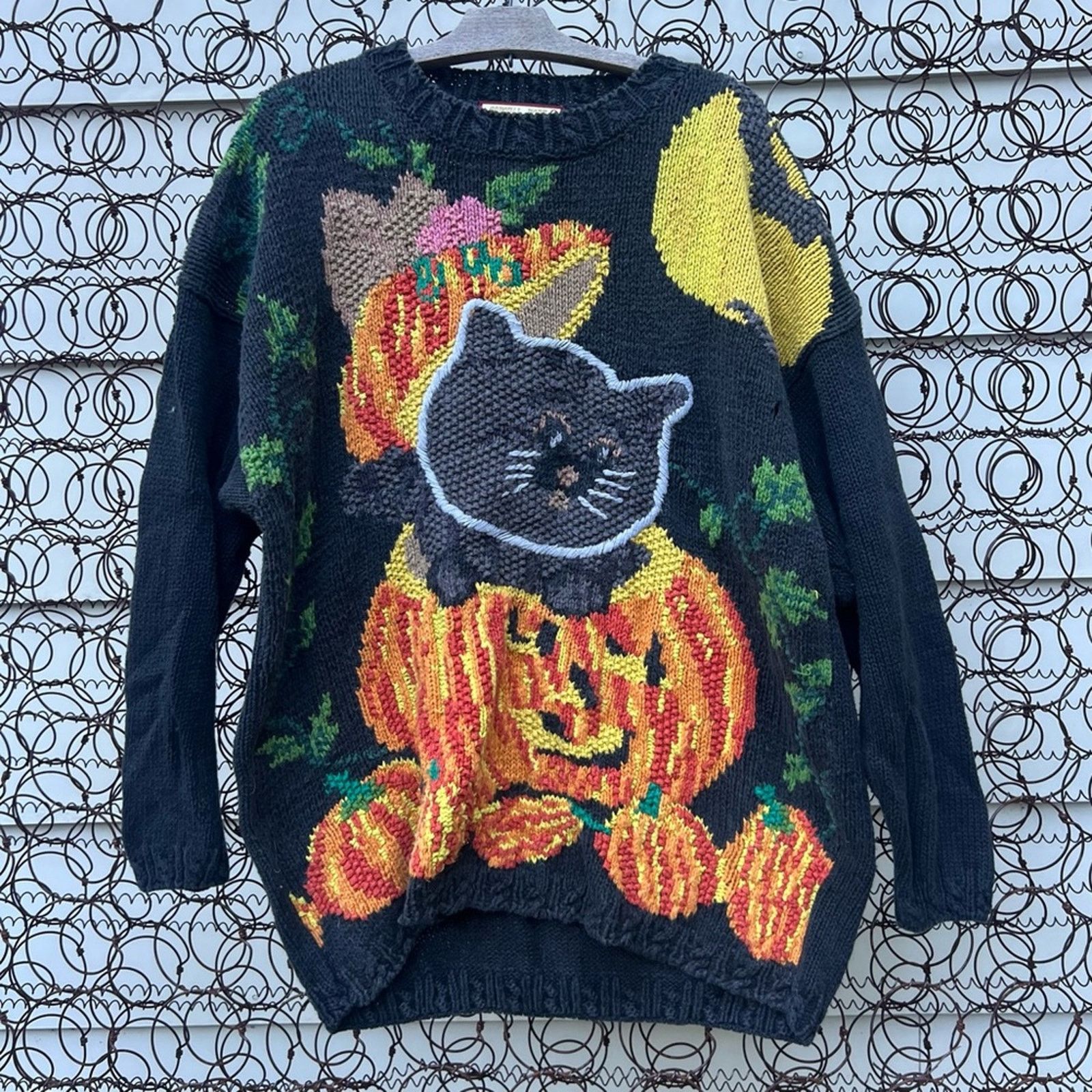 90s Crystal Kobe black cat pumpkin Halloween moon sweater XL