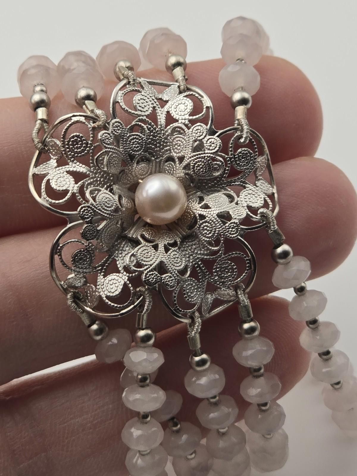 Other Sterling Silver Pink Quartz Bead Bracelet Filigree Flower Size ONE SIZE - 5 Thumbnail