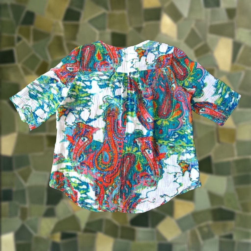 Vintage Westbound Blouse Tunic Short Sleeve V-Neck 100% Cotton Petites PS Green Tie Dye Women Size S / US 4 / IT 40 - 1 Thumbnail