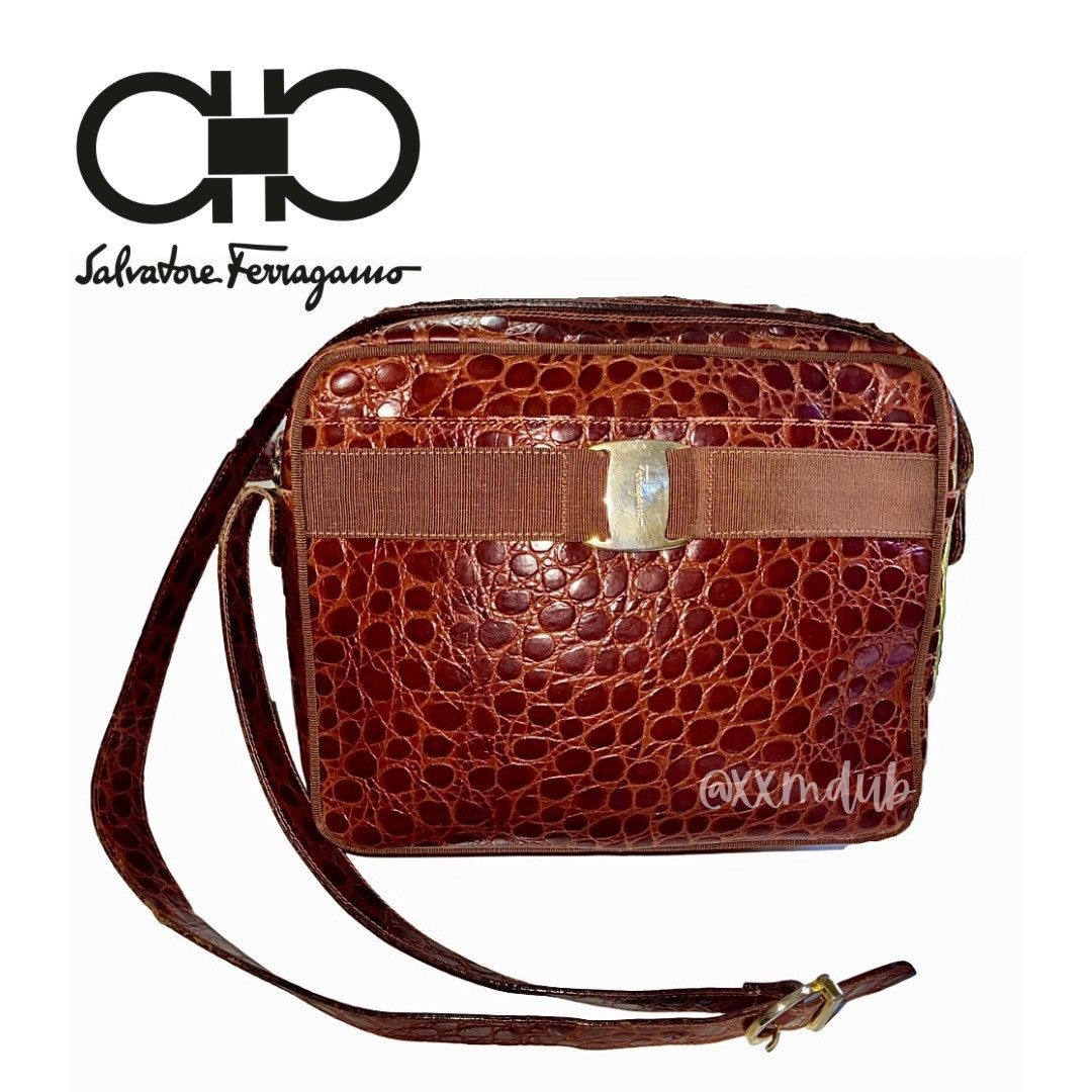 Salvatore Ferragamo Vara Ribbon Crocodile Embossed Leather Red/Bordeaux Purse Size ONE SIZE - 1 Thumbnail