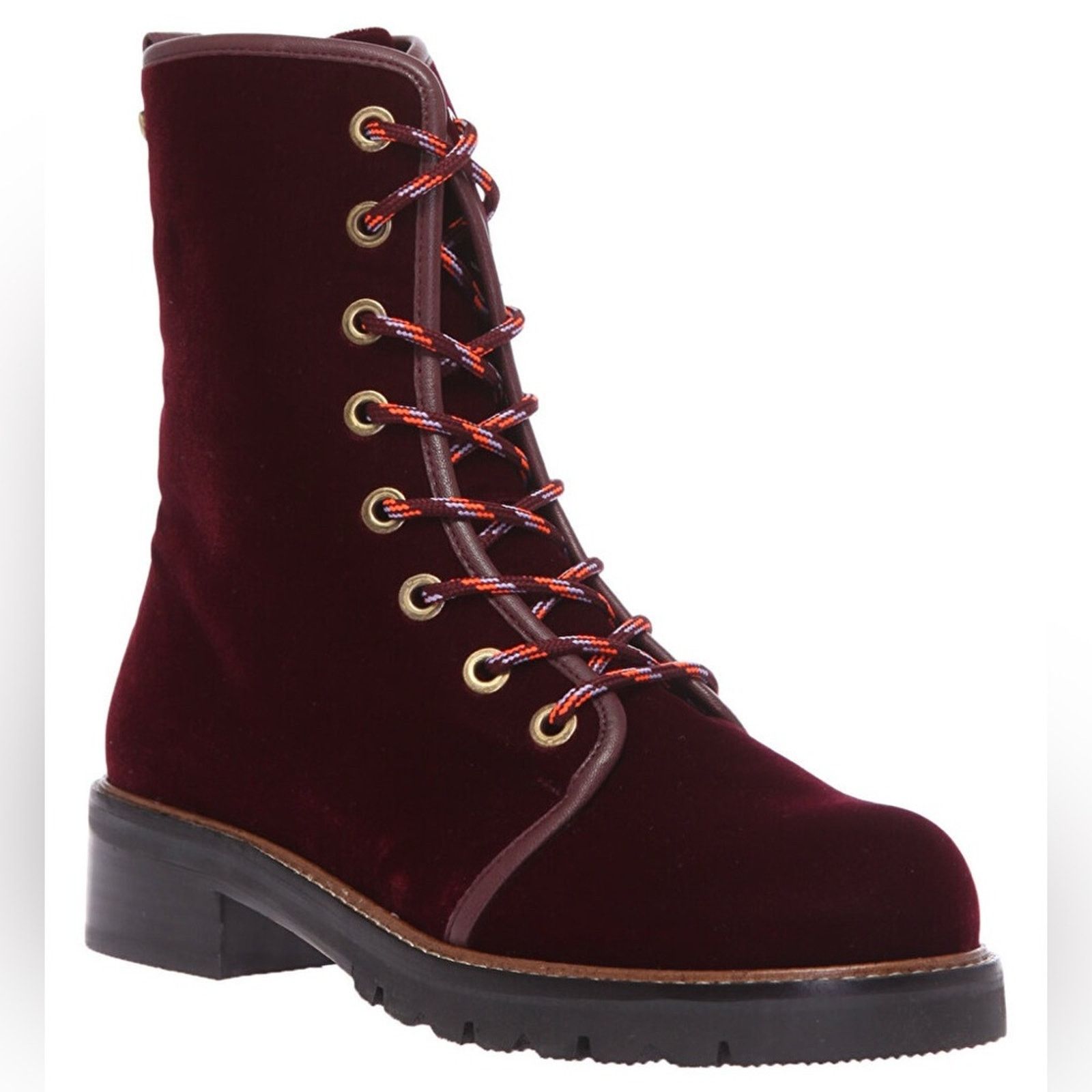 Stuart Weitzman Stuart Weitzman 10 Metermaid Burgundy Velvet Combat Boots Size US 10 / IT 40 - 1 Thumbnail