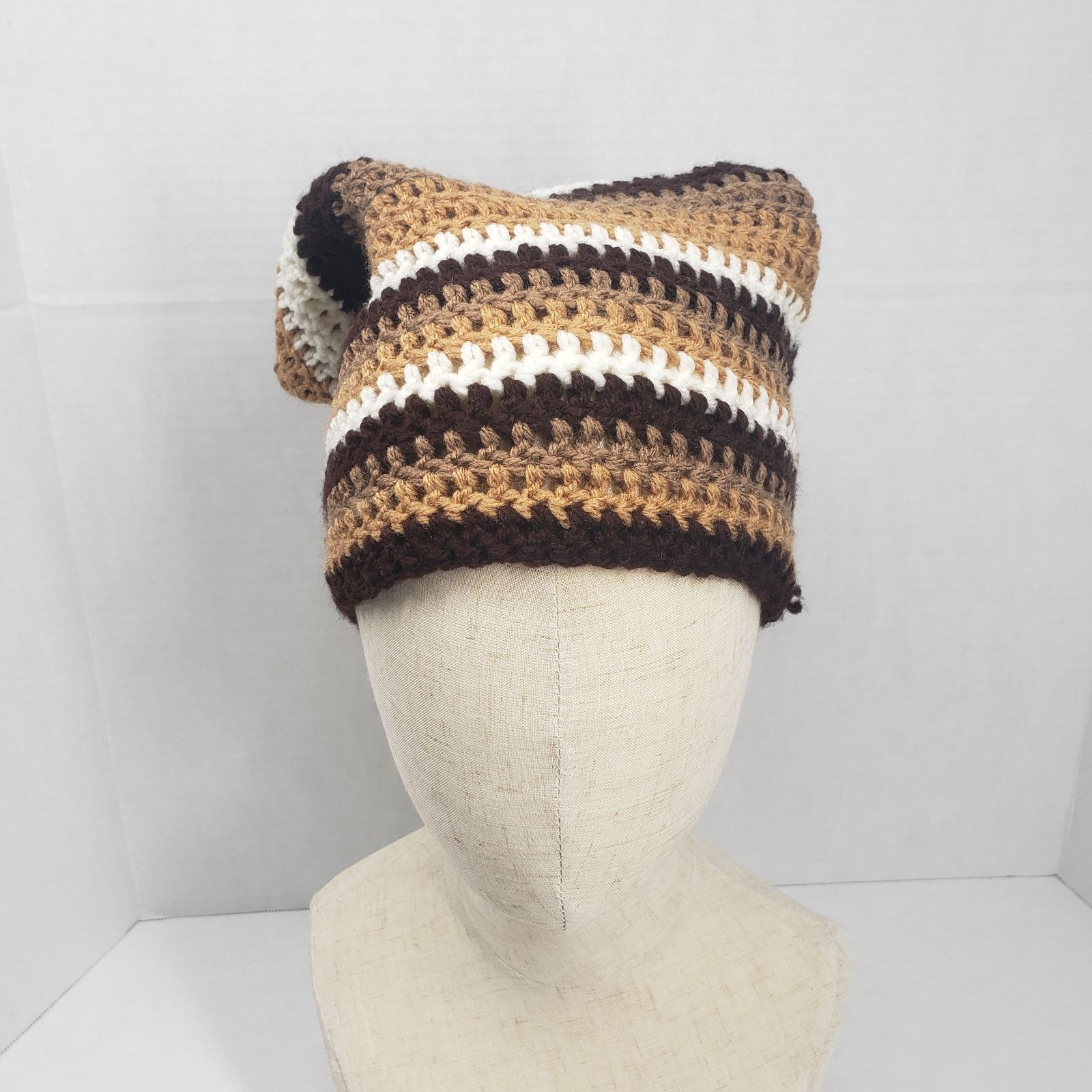 Handmade Crochet Slouchy Beanie Hat Brown Striped Handmade Dreadlock Size ONE SIZE - 3 Thumbnail