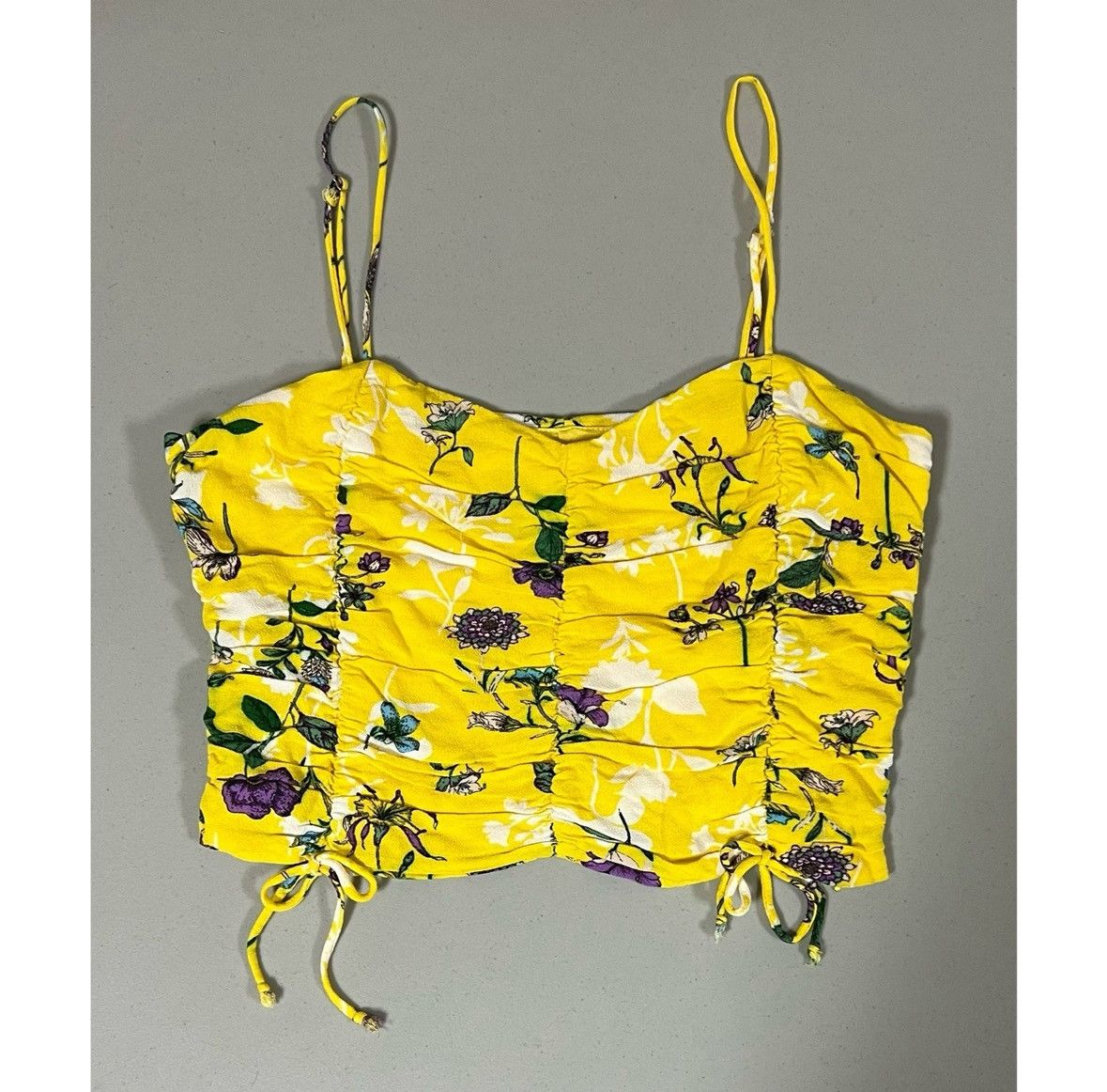 SKYLRK Yellow Floral Ruched Ties Crop Top Shirt Blouse Size S 🌼✨ Size S / US 4 / IT 40 - 1 Thumbnail