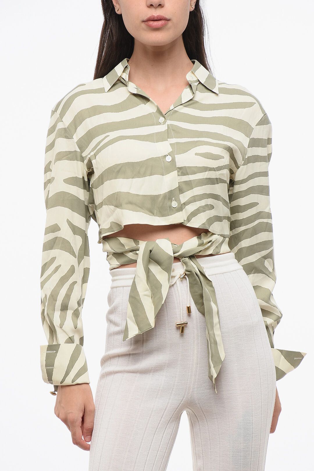 Balmain Cropped Animal-Print Shirt with Tie Detail Size M / US 6-8 / IT 42-44 - 1 Thumbnail