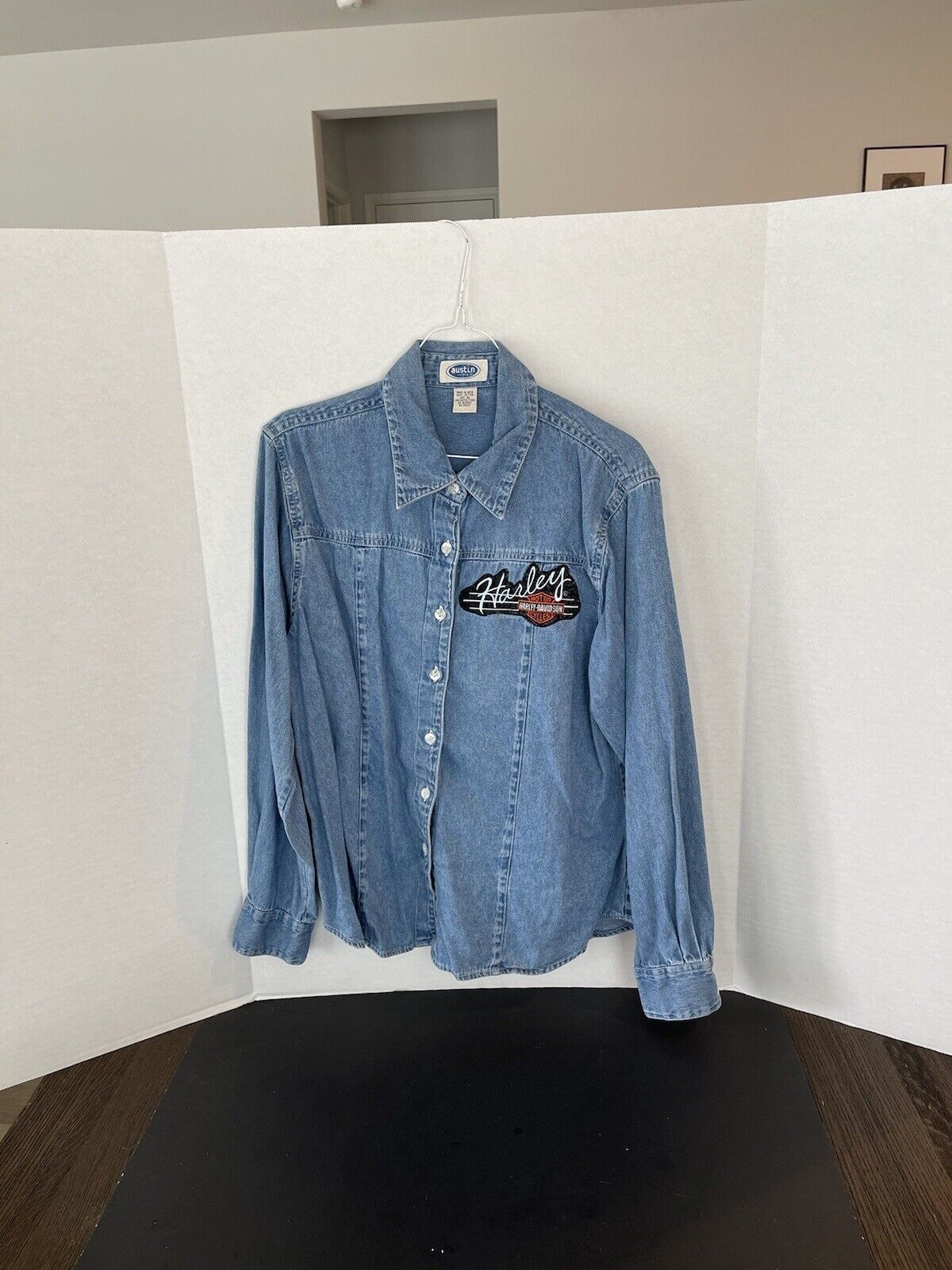 image of Vintage Harley Davidson Denim Biker Shirt Austin Cloth in Blue, Men's (Size XL)