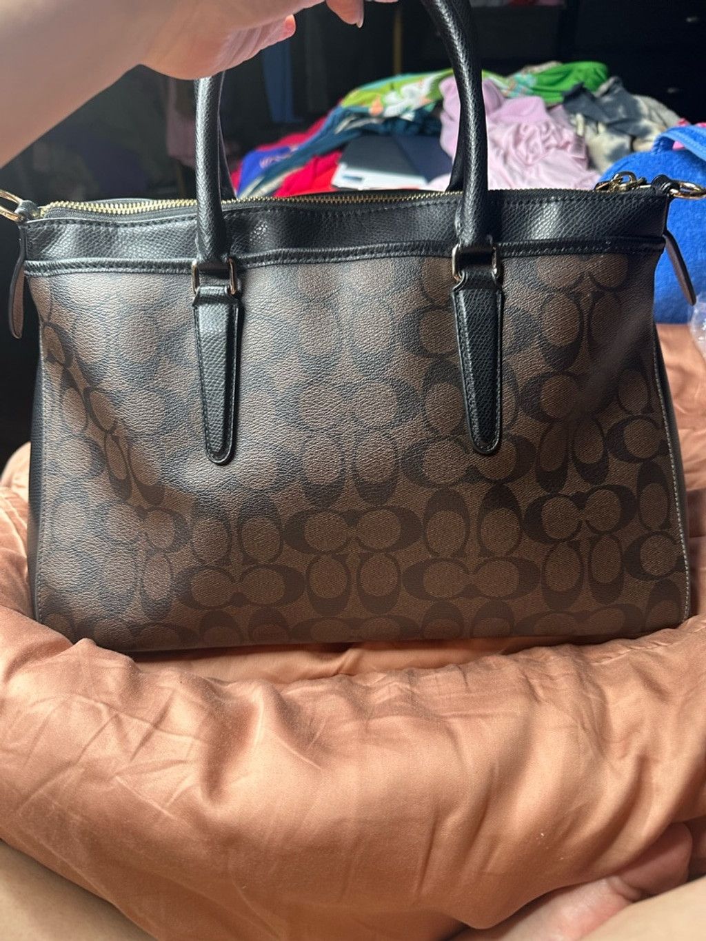 Coach COACH MORGAN SATCHEL SIGNATURE Black Brown CC Logo Purse EUC Size ONE SIZE - 10 Thumbnail