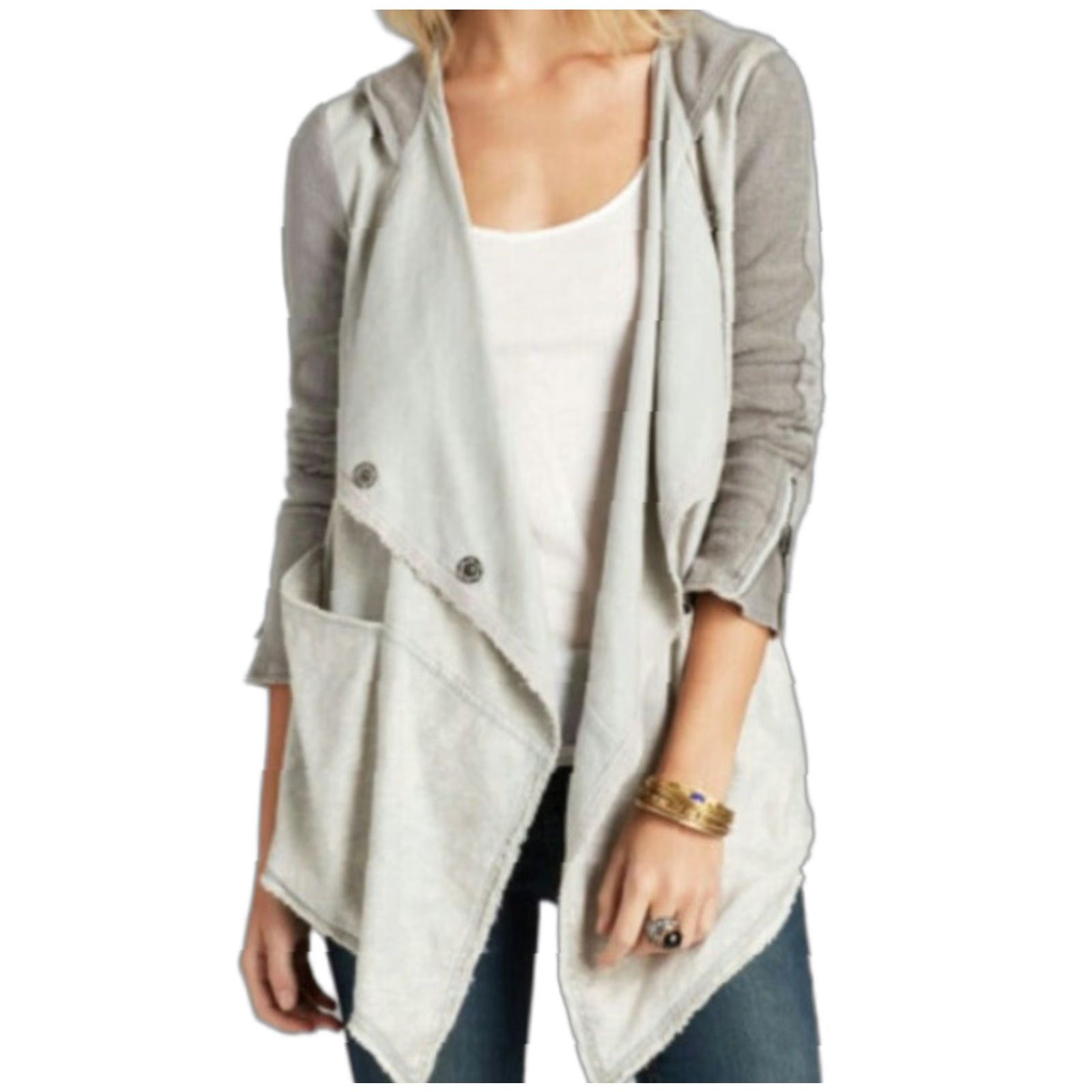 Free People Jacket Women XS Gray Drippy Linen Hooded Asymmetrical Snap Front Lightweight 51% Linen 46% Rayon 3% Spandex Slim Fit Mens/ Womens