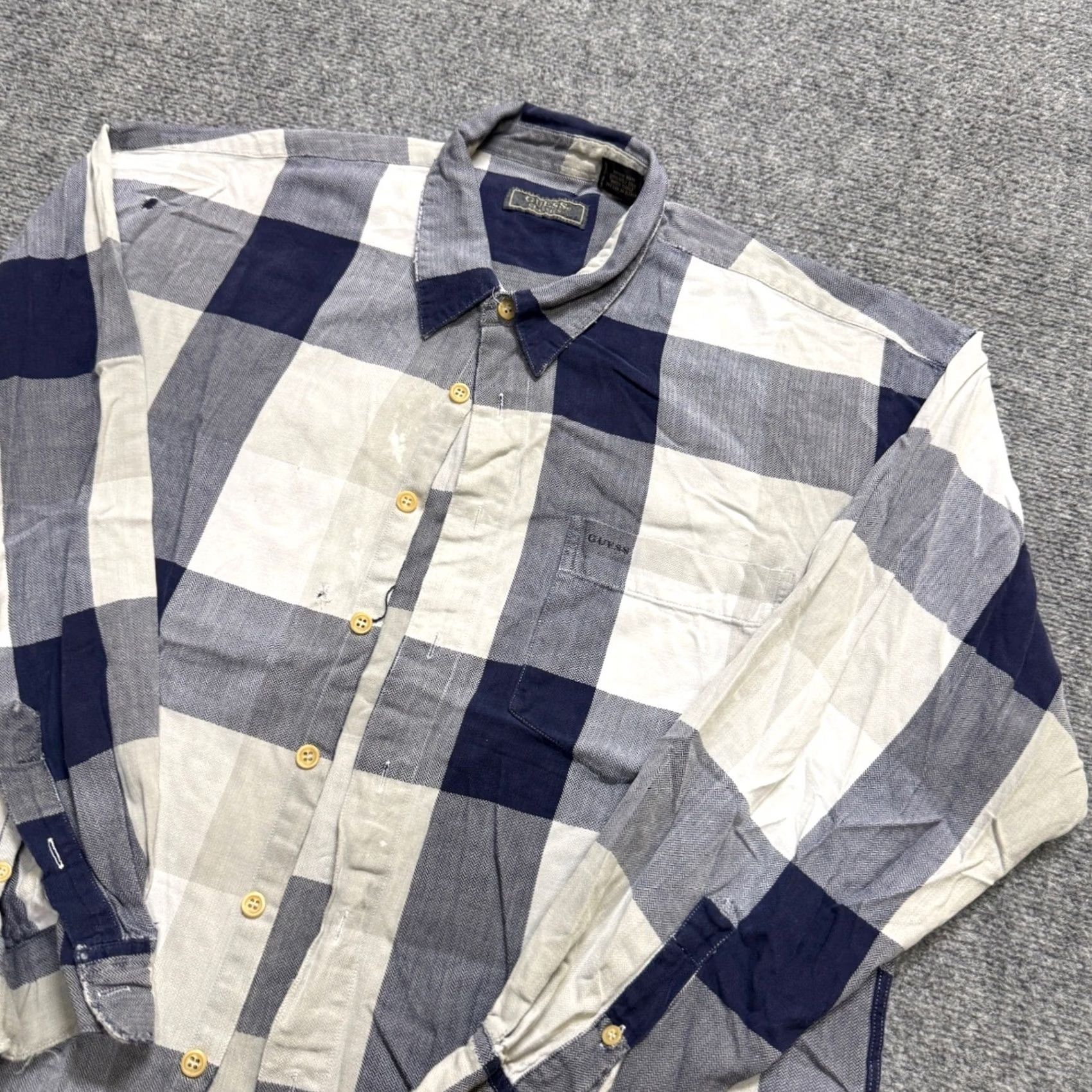 Guess VINTAGE GUESS Shirt Dress Men XL Plaid Short Sleeve Cotton Blue Stained Button Up Size 46R - 2 Thumbnail