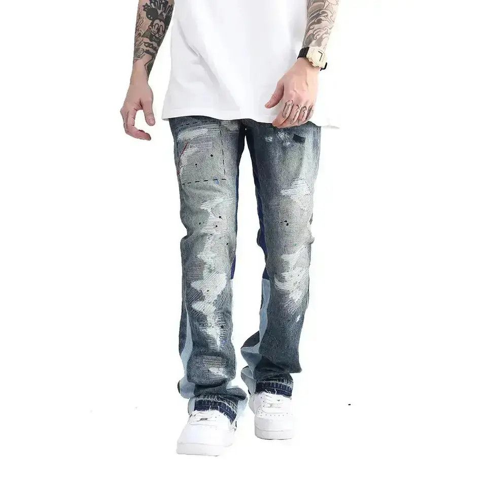 Japanese Brand Blue Speckle ink Washed Destroyed Flared Jean Size US 30 / EU 46 - 1 Thumbnail