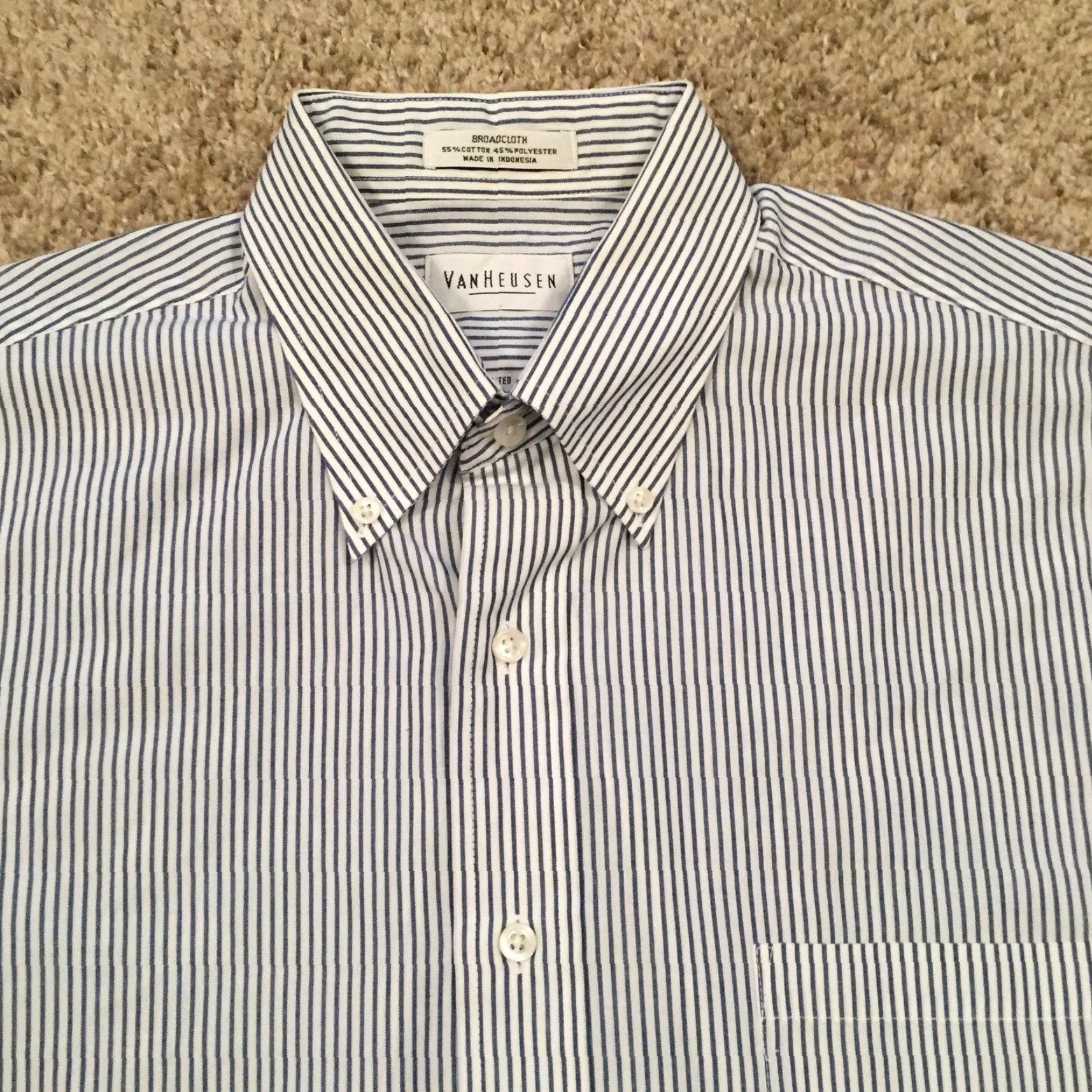 Van Heusen Van Heusen Shirt Mens Button-Up 15.5 Long Sleeve Blue White Striped Cotton Blend Button-Down Collar Size US L / EU 52-54 / 3 - 3 Thumbnail