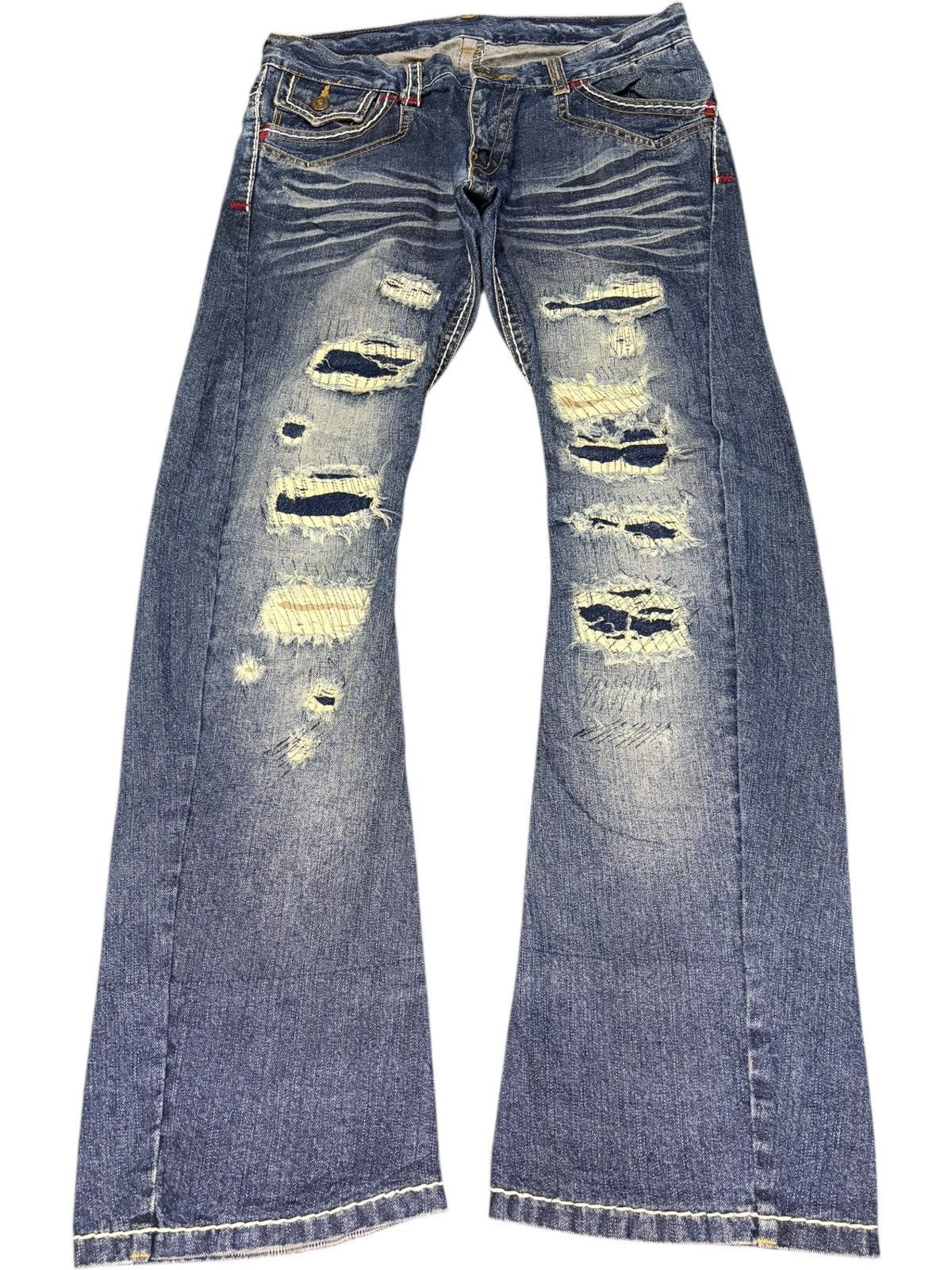 Tornado Mart Vintage Rattle Trap Sashiko Distress Curved Flare Jeans Size 32" / US 10 / IT 46 - 1 Thumbnail