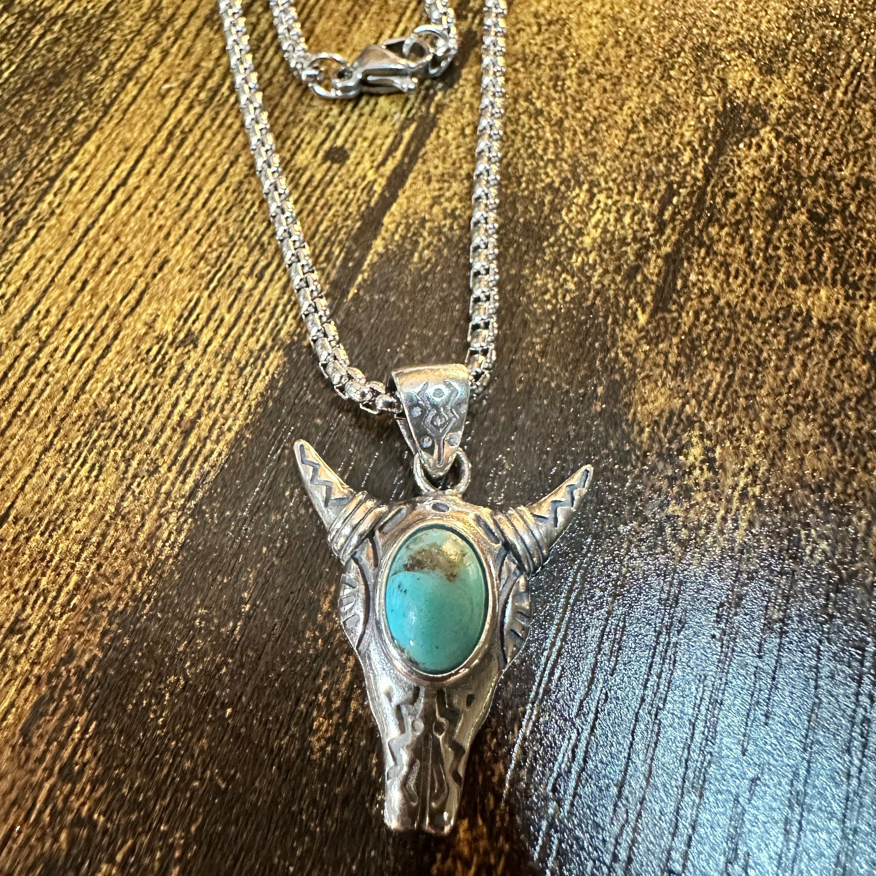 Other Boho Turquoise-Embellished Cow Skull Chain Necklace: 18" Ste Size ONE SIZE - 9 Thumbnail