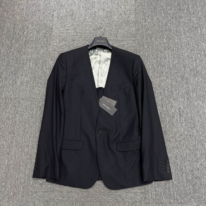 Dolce & Gabbana DG Collarless Wool Blazer with Padded Shoulders Size US L / EU 52-54 / 3 - 1 Thumbnail