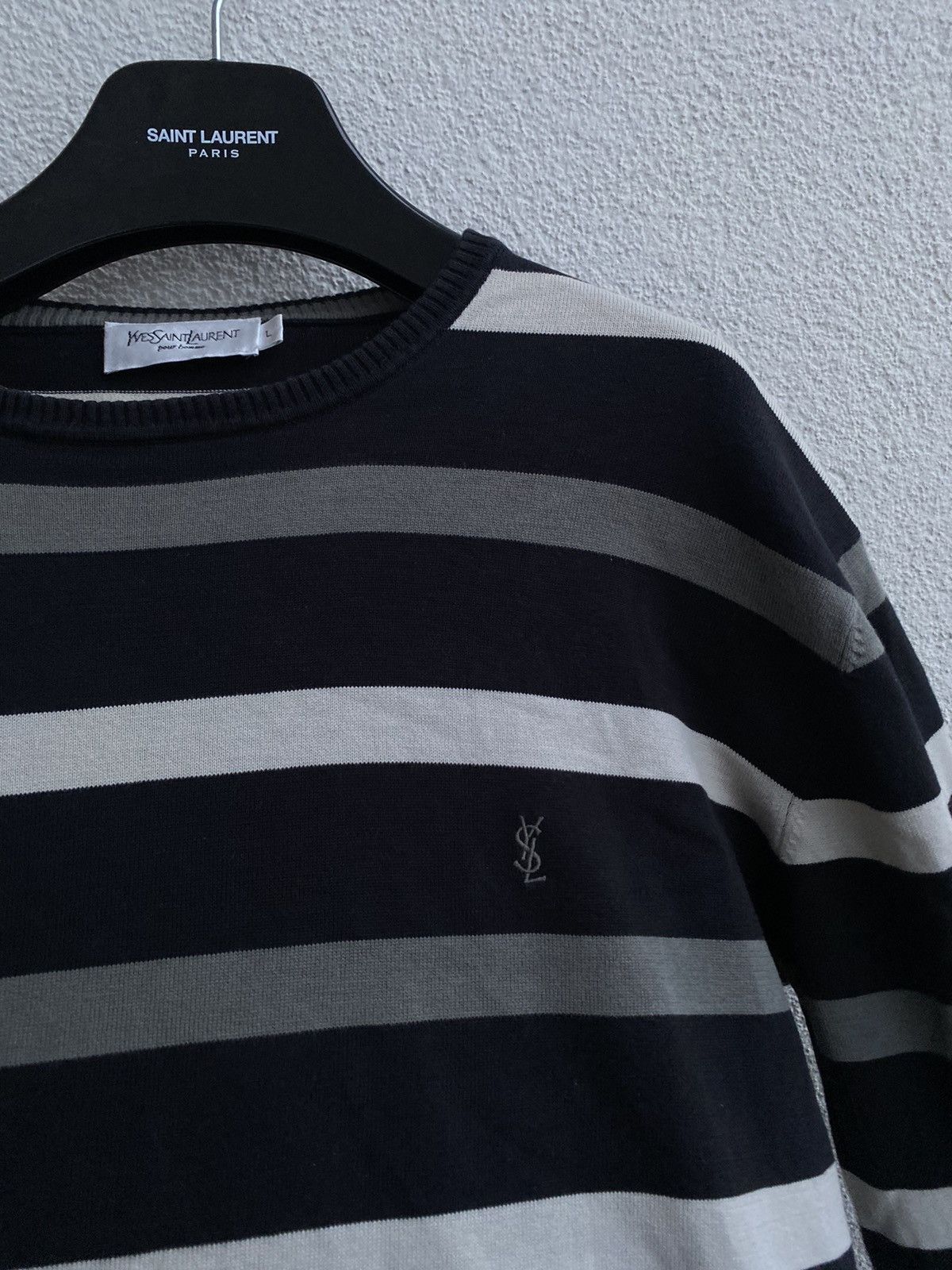 image of YVES Saint Laurent Black YSL Crewneck Striped YSL Sweatshirt in Black Gray, Men's (Size Large)