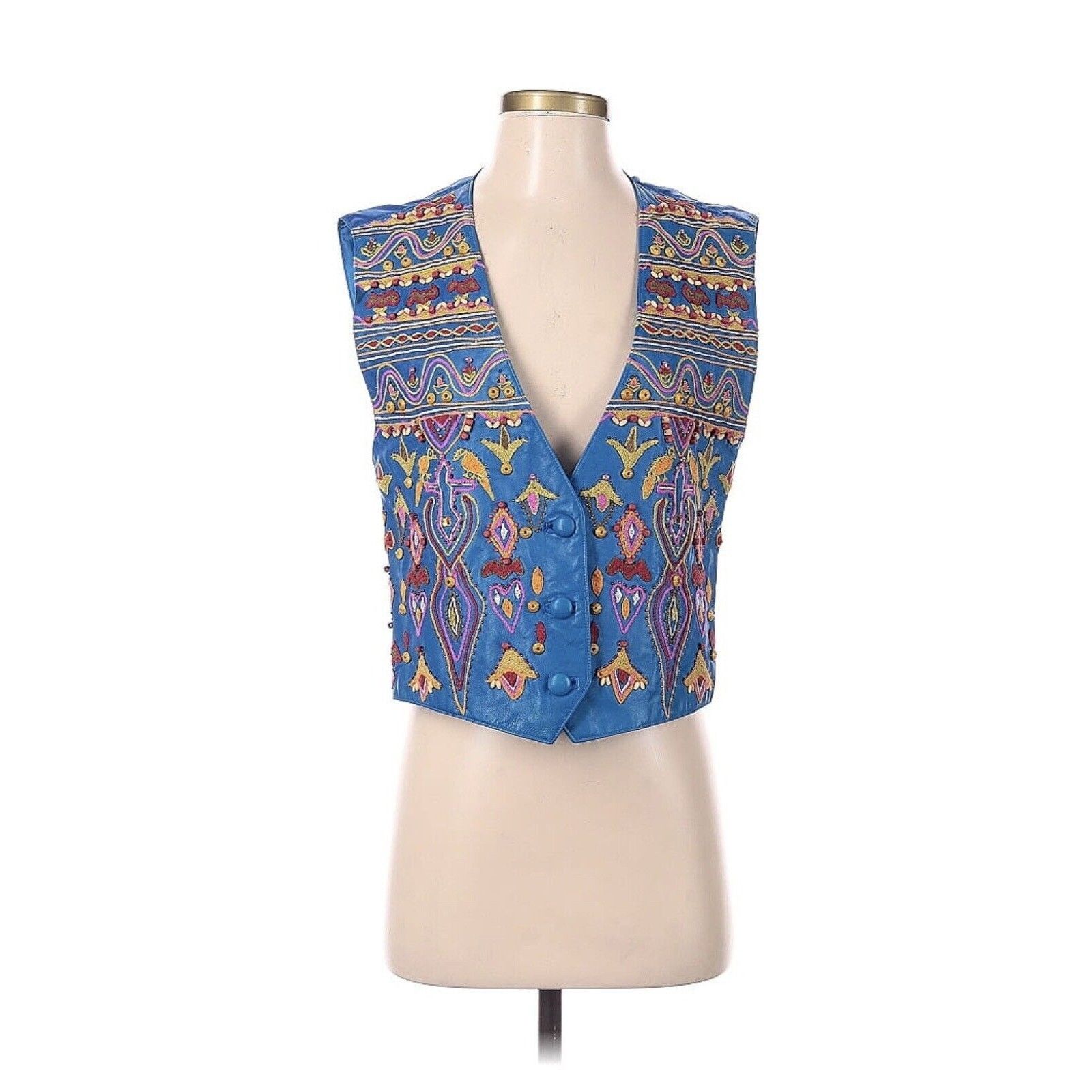 NWT Erez Blue Leather Embroidered vest Southwest Small