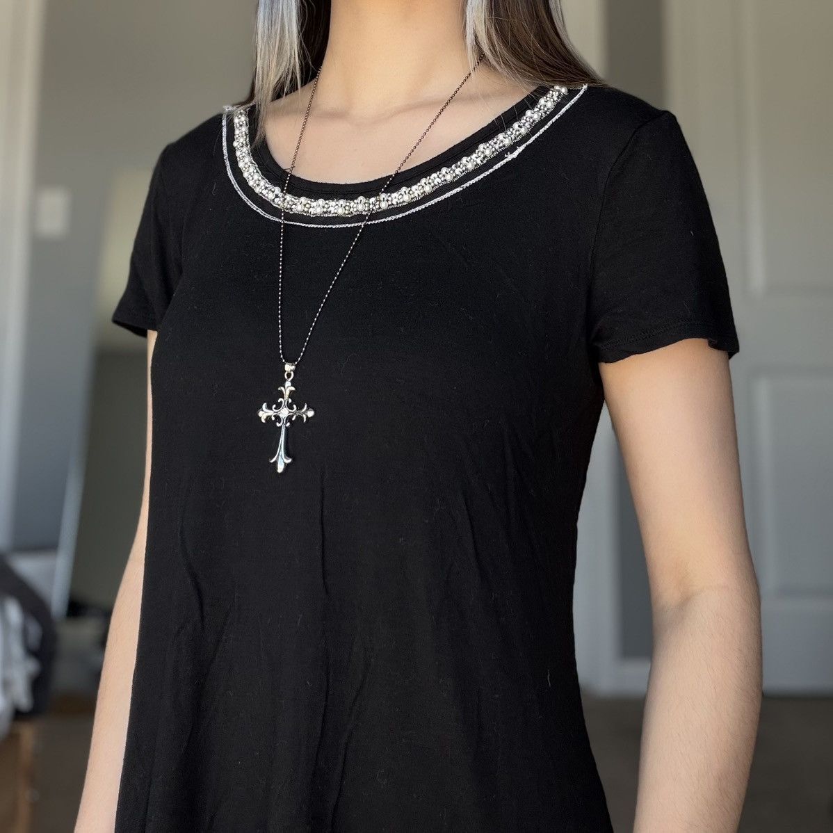 Other Black Short Sleeve Long Length Tunic Embellished Neckline Size M / US 6-8 / IT 42-44 - 12 Thumbnail