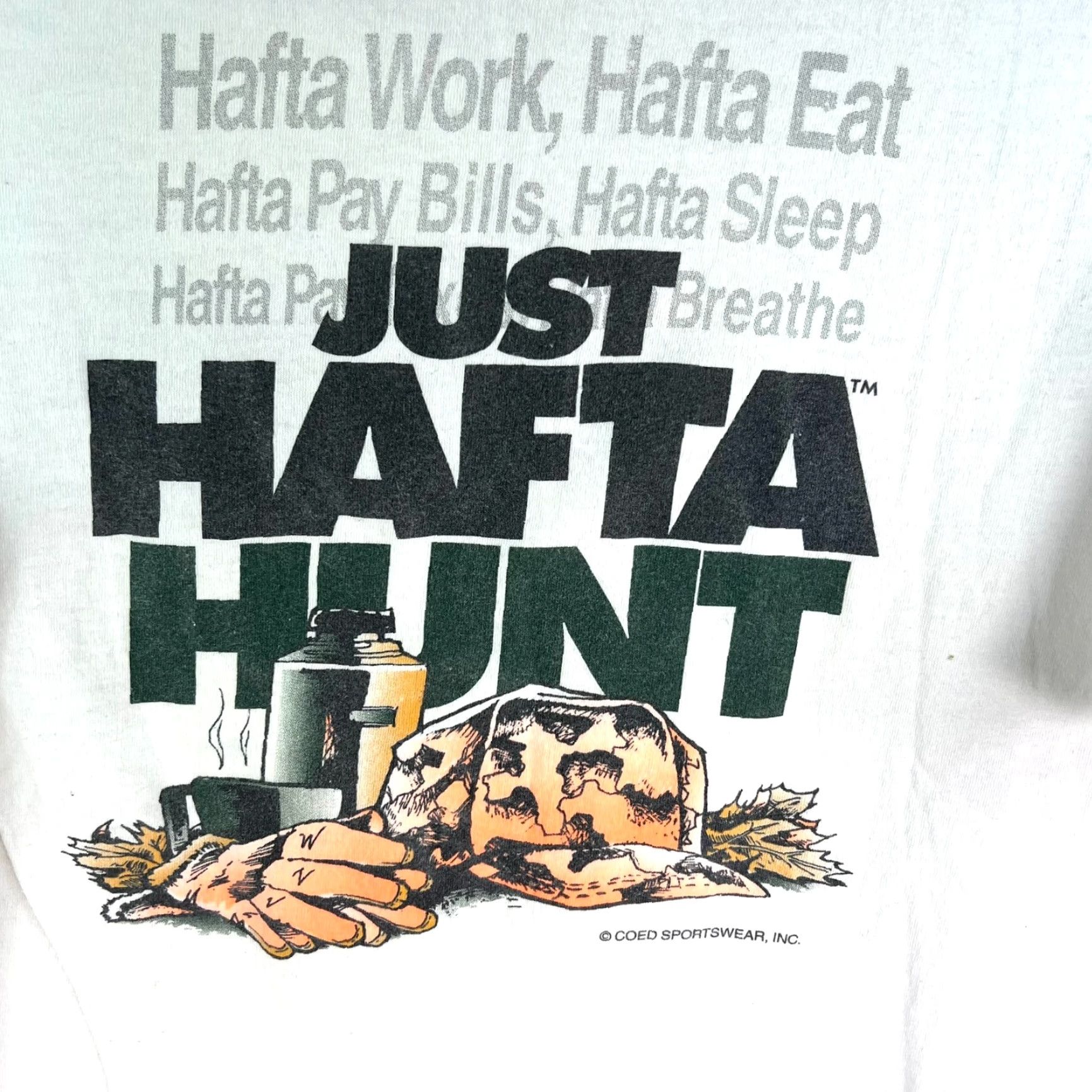 Vintage VINTAGE Coed Sportswear Just Hafta Hunt T-Shirt Mens L White Double-Sided Graphic Tee 90s Hunting Stitch Adventure Time Mens Large White Graphic Tee Size US L / EU 52-54 / 3 - 7 Thumbnail