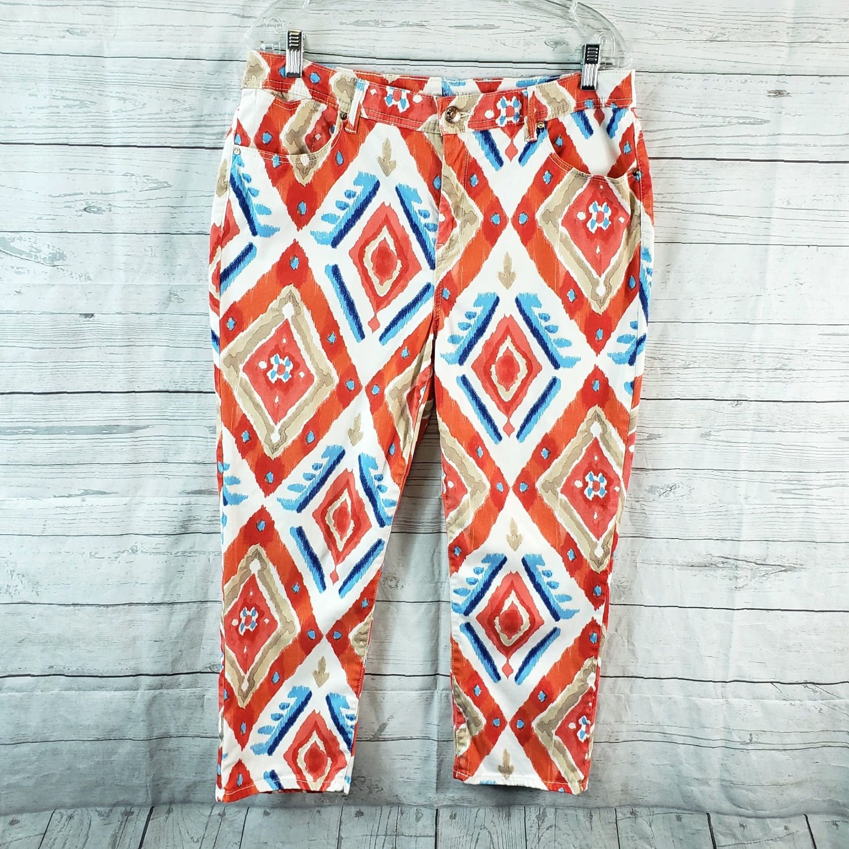 Vintage Chico's Womens Platinum Crop Pants Sz 12 Red Blue High Rise Cotton Blend Cropped Inseam 23 Womens Shoes? Size 34" / US 12 / IT 48 - 2 Thumbnail
