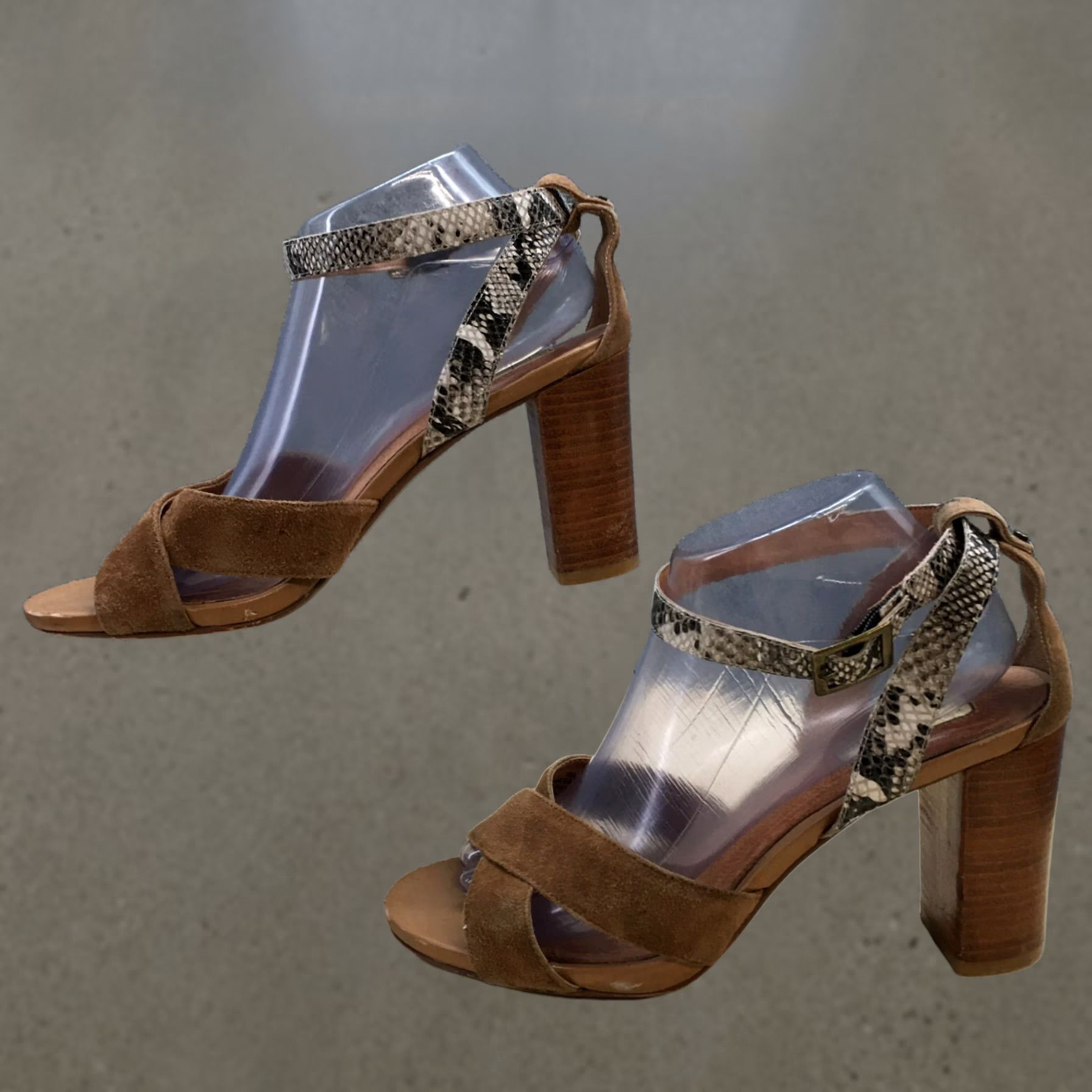 Vintage Halogen Sandals Women's 9 M Ankle Straps Brown Leather Heeled Snakeskin Casual Shirt? Size US 9 / IT 39 - 1 Thumbnail