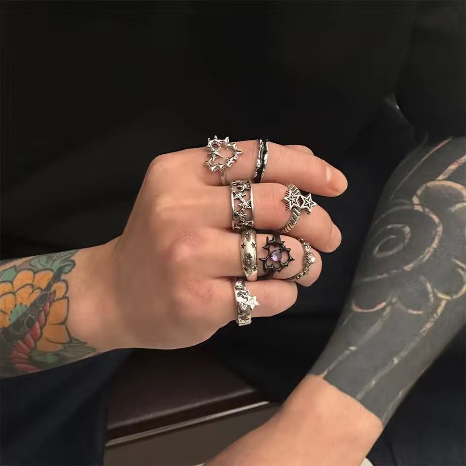 9-Piece S Adjustable Goth Star Ring Set - Y2K Grunge