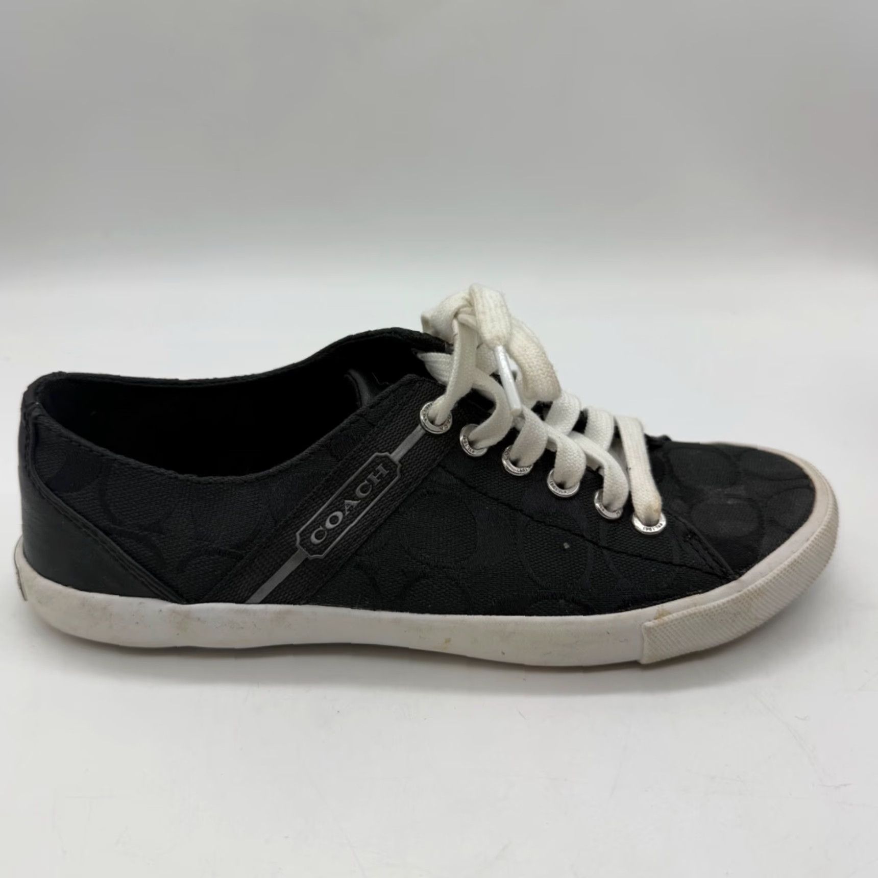 Coach Coach Womens Lesley Sneakers Size 6.5 B Black Logo Print Lace Up Canvas Shoes Size US 7 / IT 37 - 4 Thumbnail