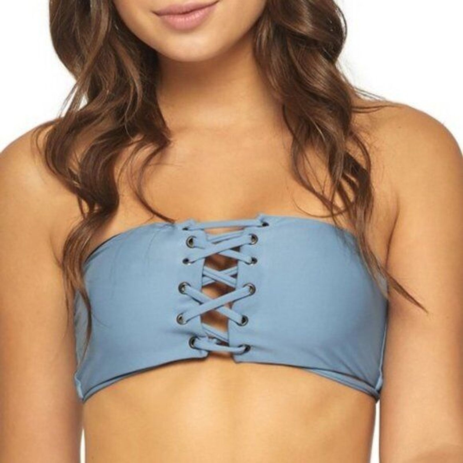 Other NWT PQ SWIM Women's Lace‎-Up Bandeau Bikini Top Sky Blue L Size L / US 10 / IT 46 - 1 Thumbnail