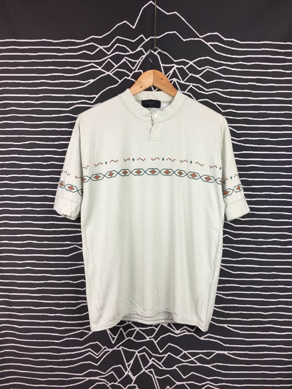 image of Archival Clothing Negozi Homme Aztec Patterned Henley Neck Tee in Sage Green, Men's (Size Medium)