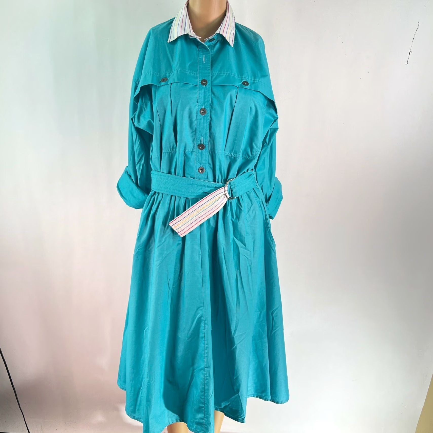 Altea VINTAGE E&M Womens Shirt Dress Teal Collared Belted Roll Tab Sleeves 3/4 Sleeve Size 11 Blue Size L / US 10 / IT 46 - 2 Thumbnail