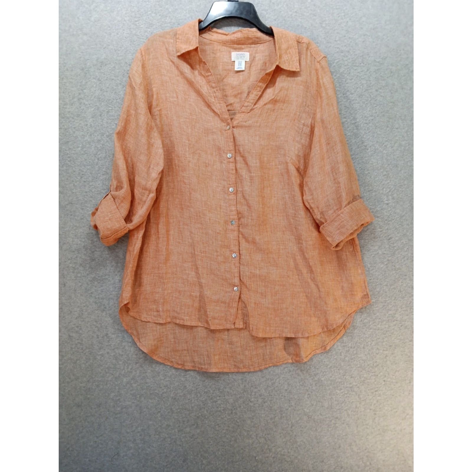 Vintage Sigrid Olsen Blouse Shirt 1X Orange Coral Button Up Linen Roll-Tab Sleeves Womens Regular Casual Travel Knit? Size XL / US 12-14 / IT 48-50 - 2 Thumbnail
