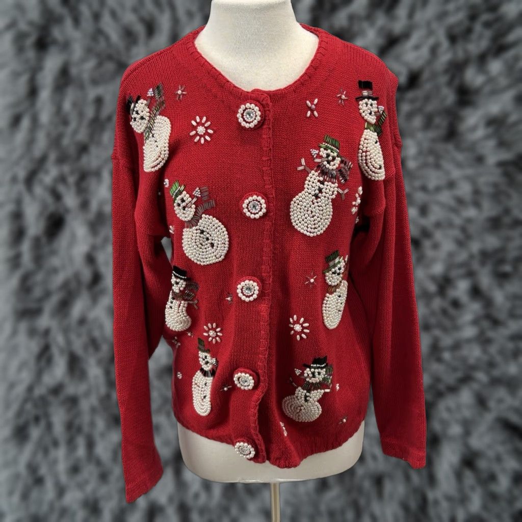 Vintage VINTAGE Victoria Jones Christmas Cardigan Sweater Women’s M Red Snowmen Beaded Pearl Button Jewel Knit Cotton Blend 90s Holiday Ugly Snowman Size M / US 6-8 / IT 42-44 - 1 Thumbnail
