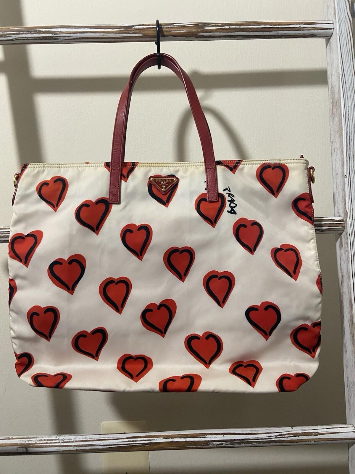 Prada Prada Nylon Saffiano White Red Heart Motif Hand Tote Bag Size ONE SIZE - 1 Thumbnail