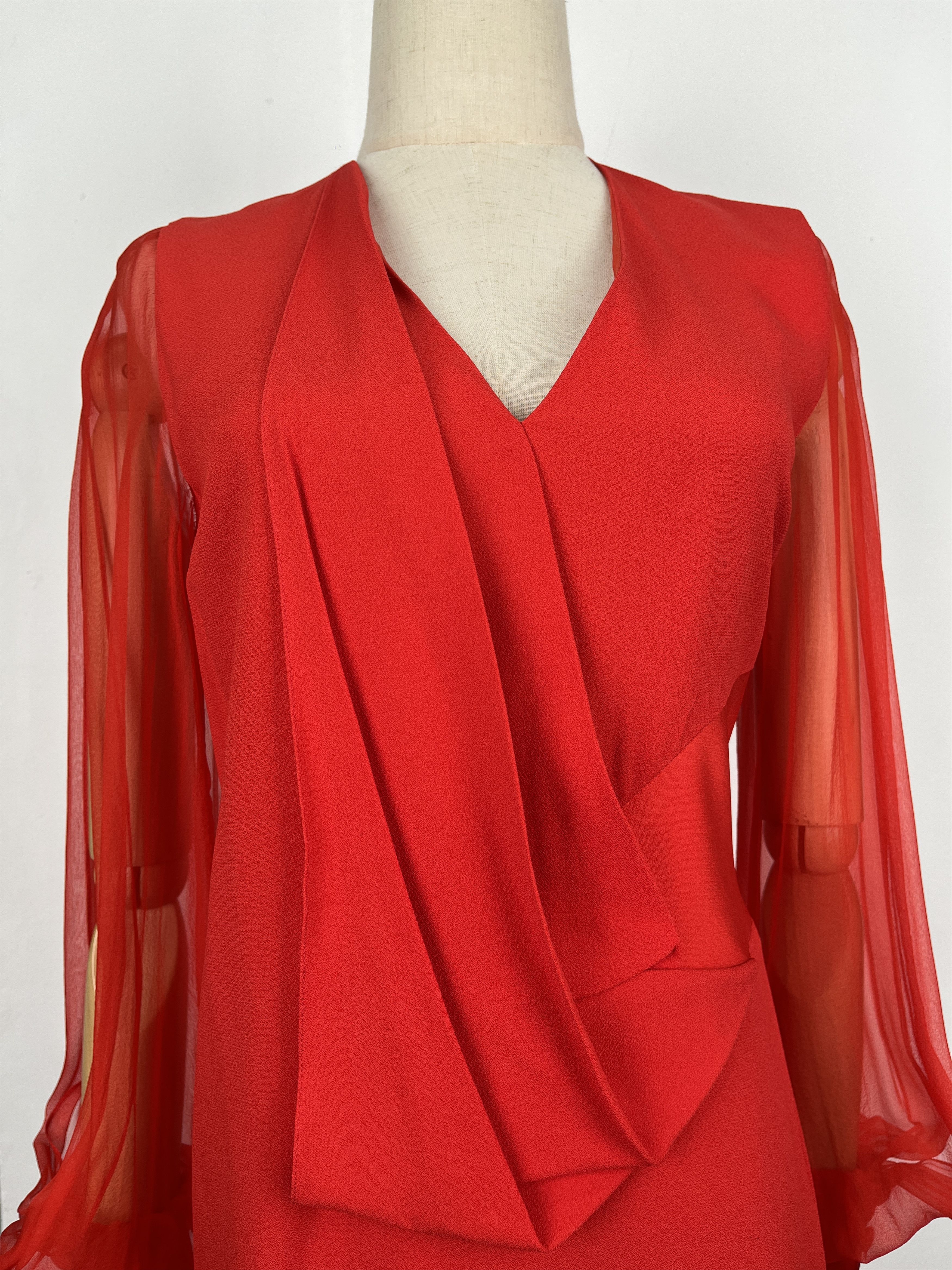 Valentino Lanvin Red Sheer And Open Long Sleeves Draped Long Dress Size XXS / US 00 / IT 34 - 7 Thumbnail