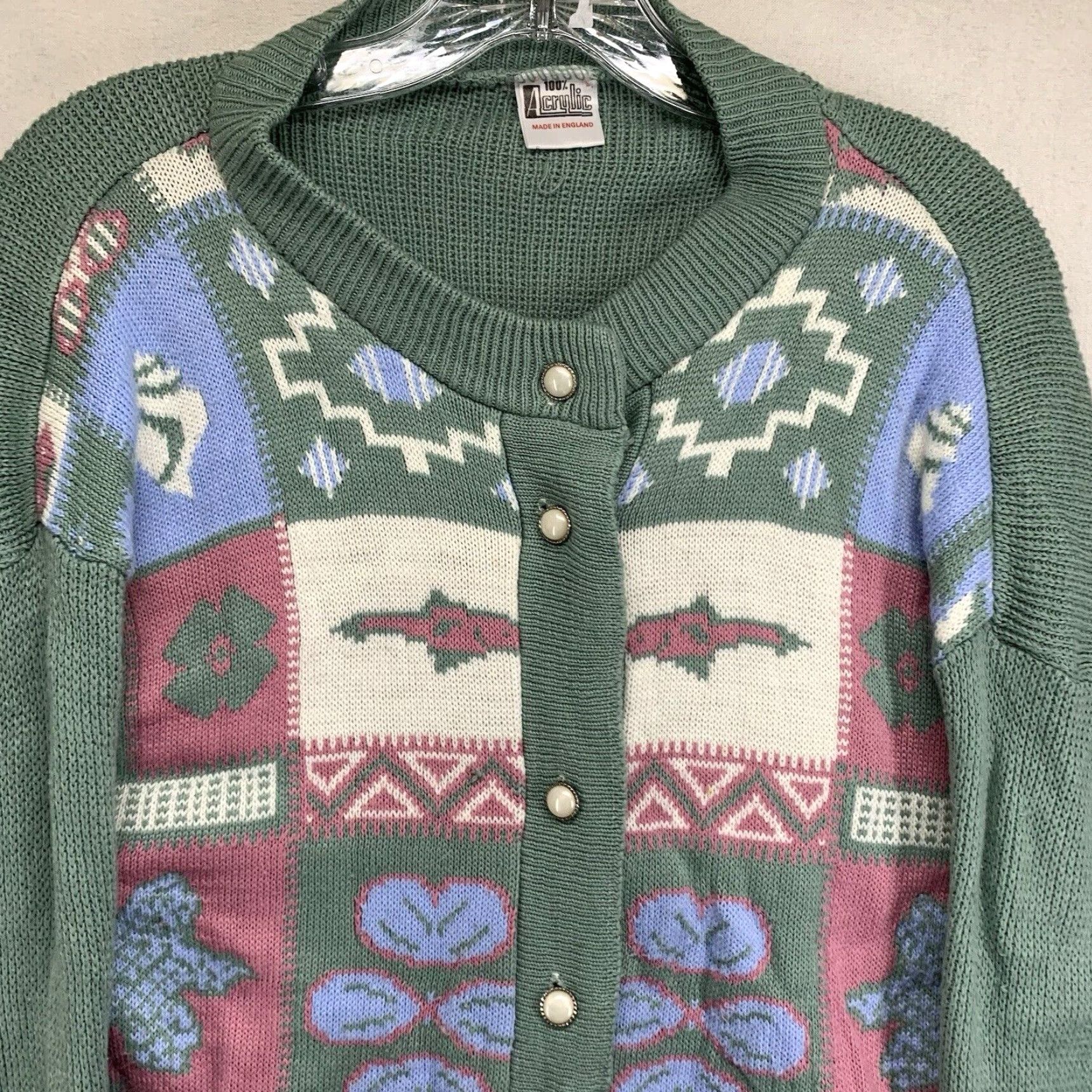 Nautica VINTAGE Womens Bay Green Chunky Knit Cardigan Sweater XL Geometric Pattern Breathable Casual Travel Nautical Bohemian London Style Acrylic Knit Size XL / US 12-14 / IT 48-50 - 3 Thumbnail