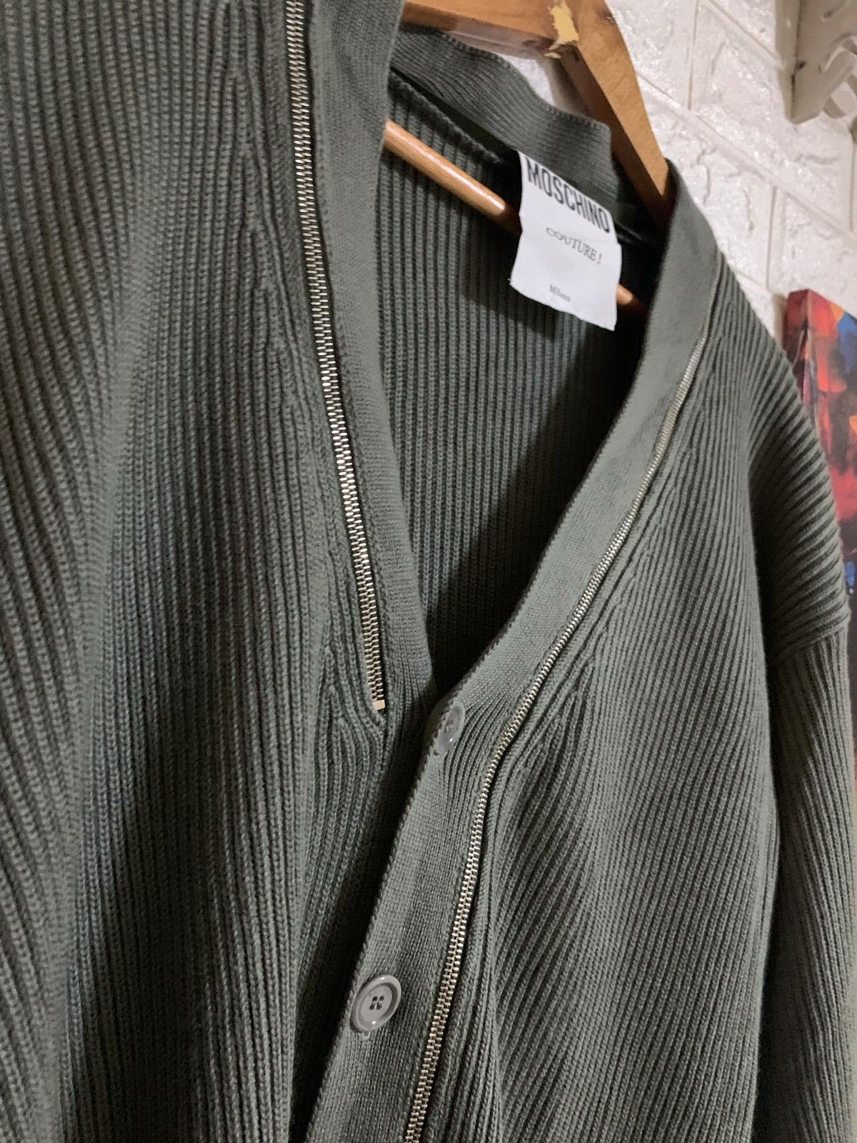 Designer × Moschino Moschino Ribbed Wool Cardigan with Zip Olive Size US L / EU 52-54 / 3 - 3 Thumbnail