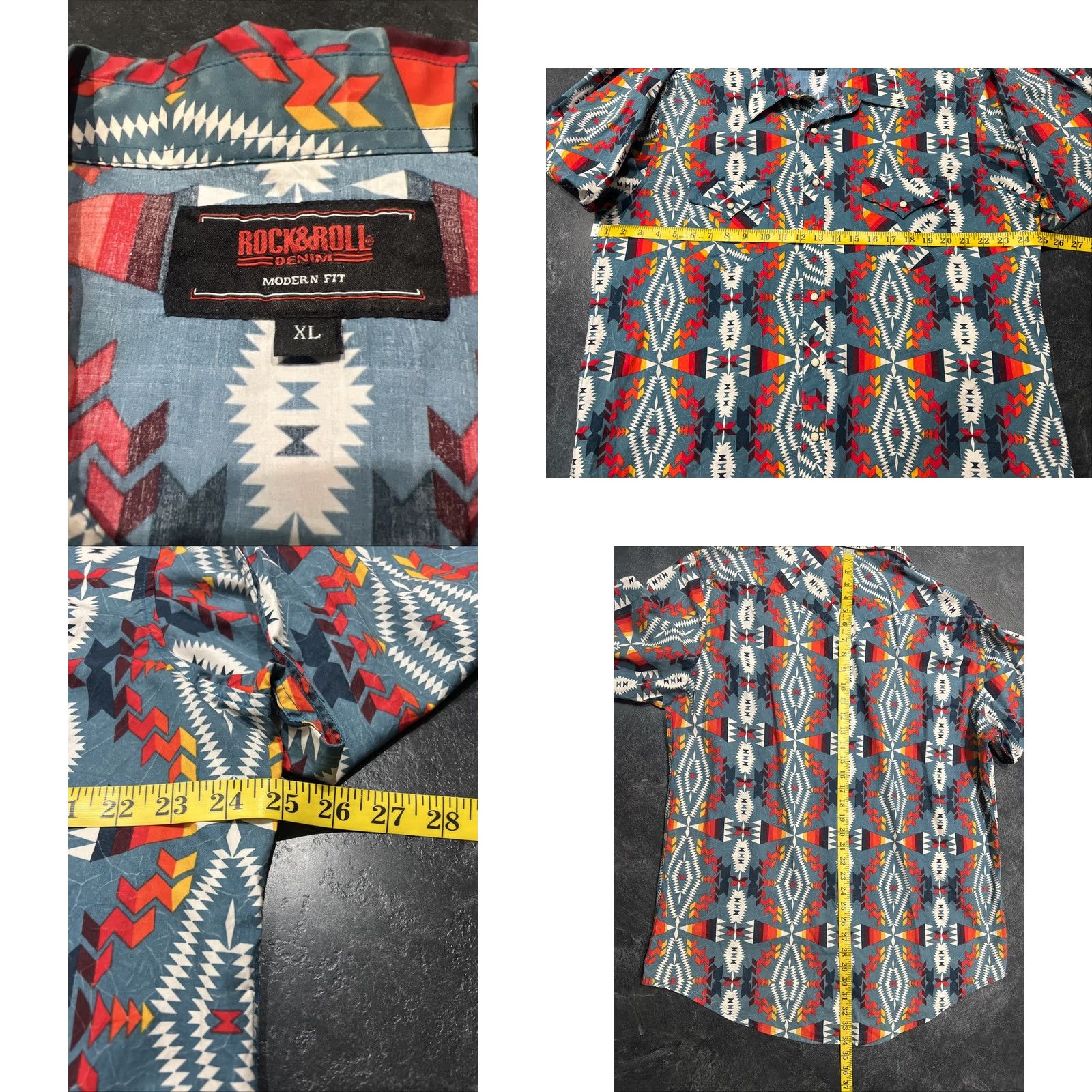 Vintage Rock & Roll Denim Shirt Mens XL Red Western Geometric Snap Button-Up Stretch Pockets Cotton Spandex Regular Size US XL / EU 56 / 4 - 8 Thumbnail