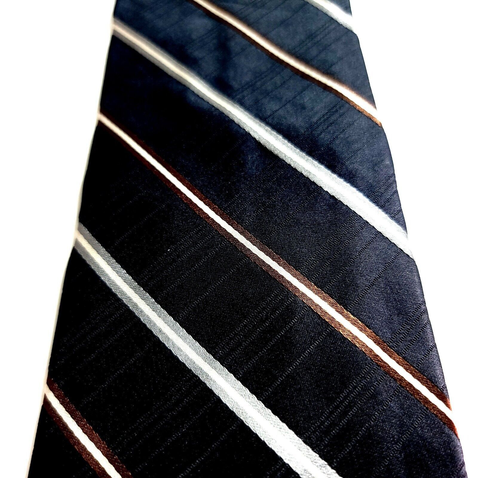 DKNY Dkny Metallic Black W/ Silver Brown Striped Woven Silk Tie Size ONE SIZE - 2 Thumbnail