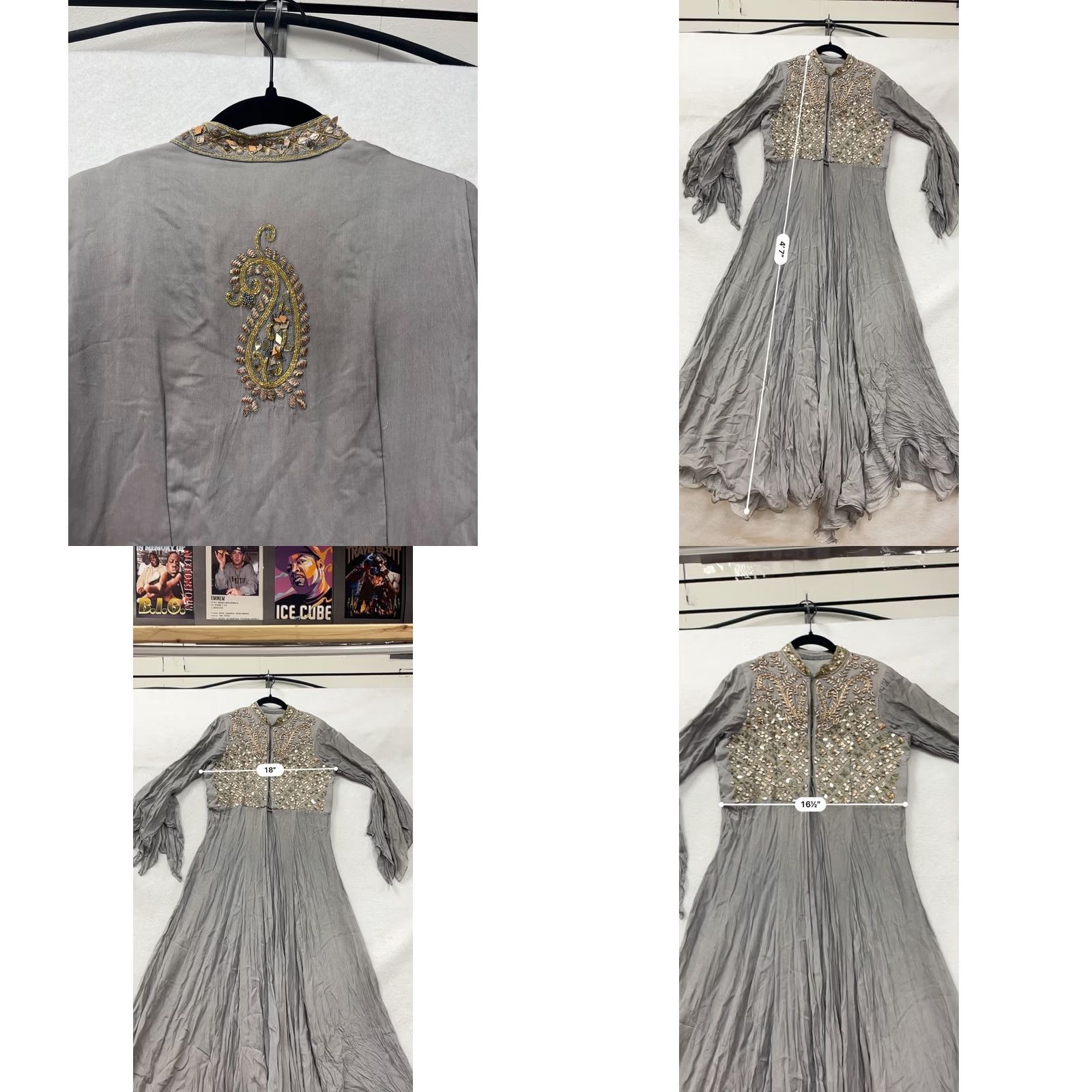 Bell Unbranded Gray Maxi Dress Unisex Adults XL Long Embroidered Bell Sleeve Sequins Gown Anarkali Fashion Size XL / US 12-14 / IT 48-50 - 8 Thumbnail