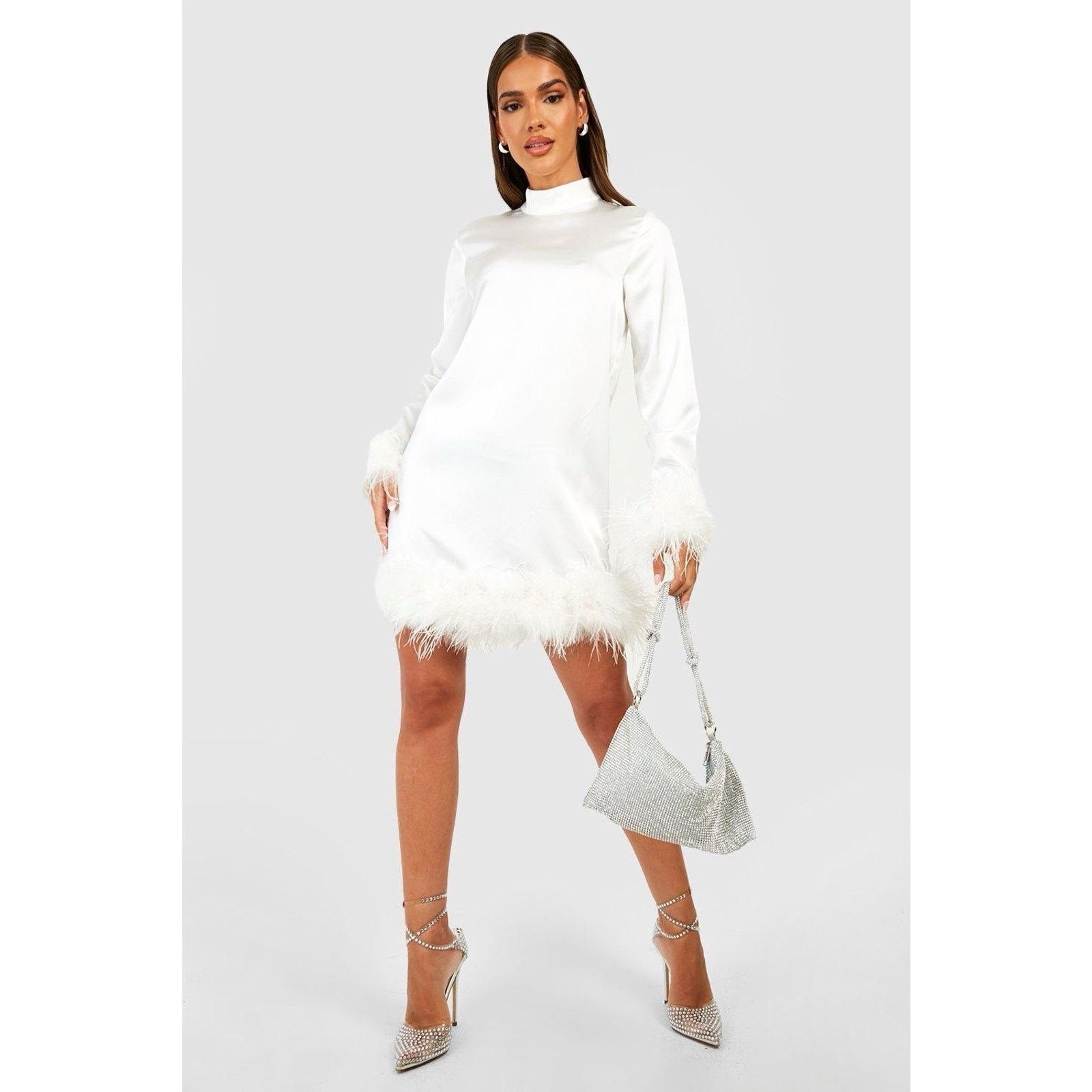 Boohoo Boohoo High Neck Satin Feather Dress White Mini 14 Size XL / US 12-14 / IT 48-50 - 1 Thumbnail